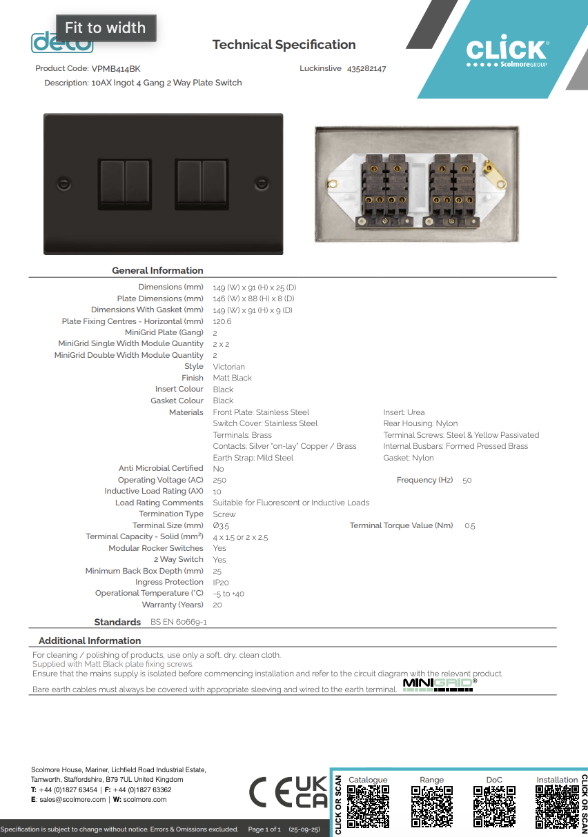 VPMB414BK 10AX Ingot 4 Gang 2 Way Plate Switch