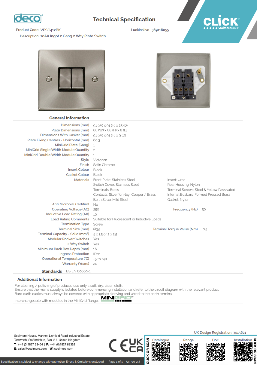VPSC412BK 10AX Ingot 2 Gang 2 Way Plate Switch