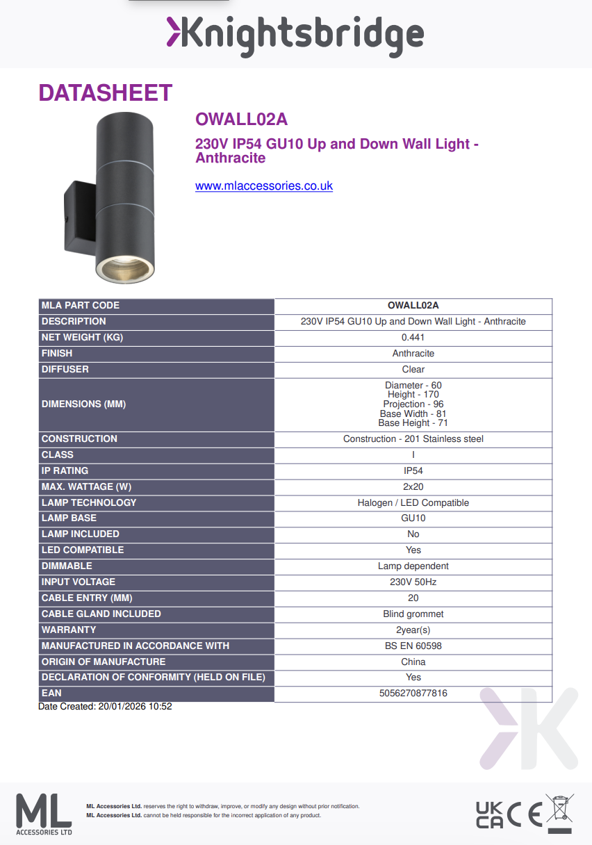 OWALL02A 230V IP54 GU10 Up and Down Wall Light - Anthracite