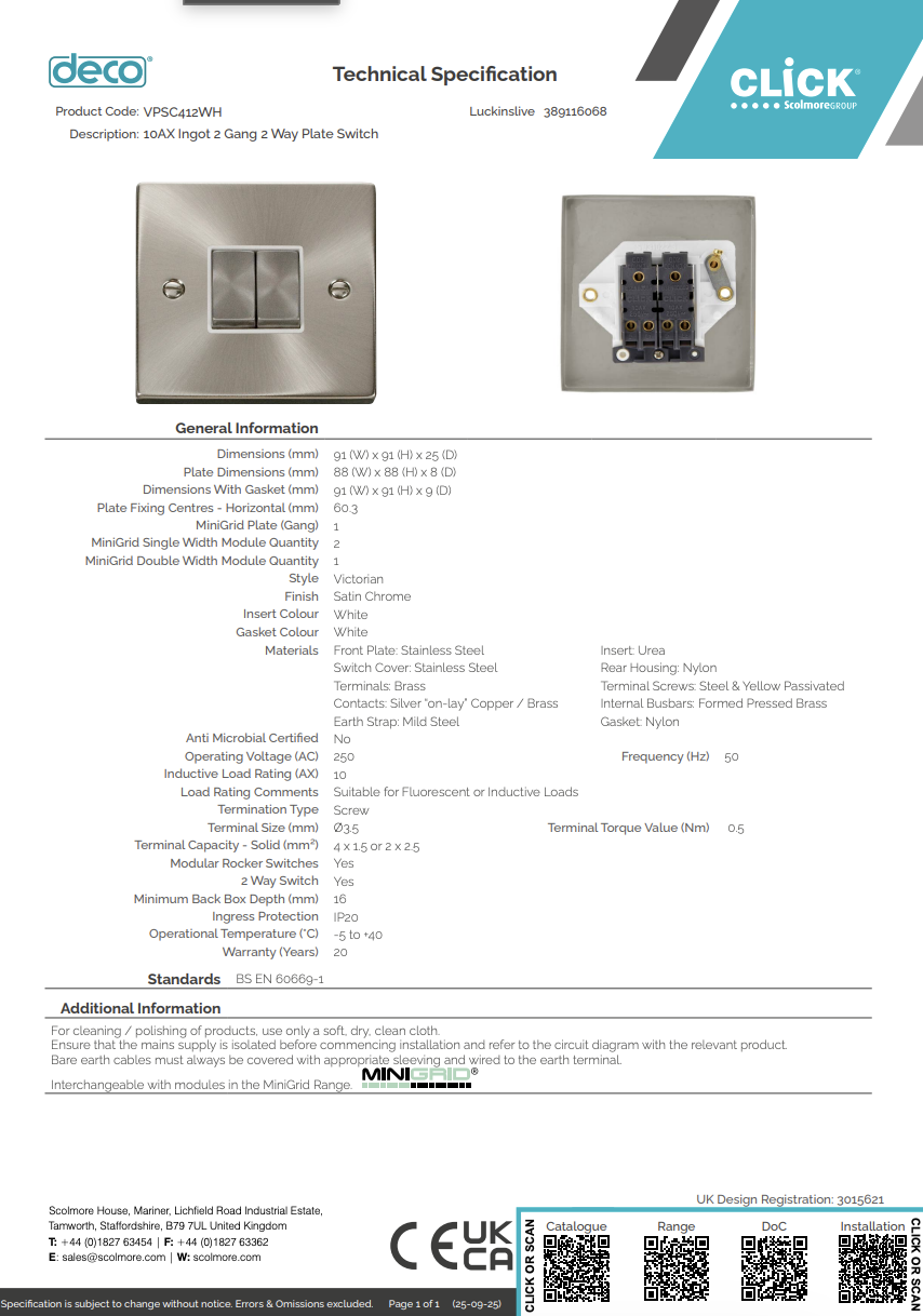 VPSC412WH 10AX Ingot 2 Gang 2 Way Plate Switch