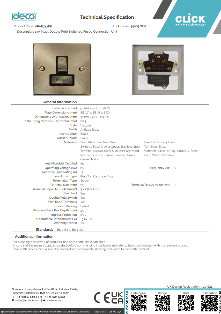 VPAB751BK 13A Ingot Double Pole Switched Fused Connection Unit