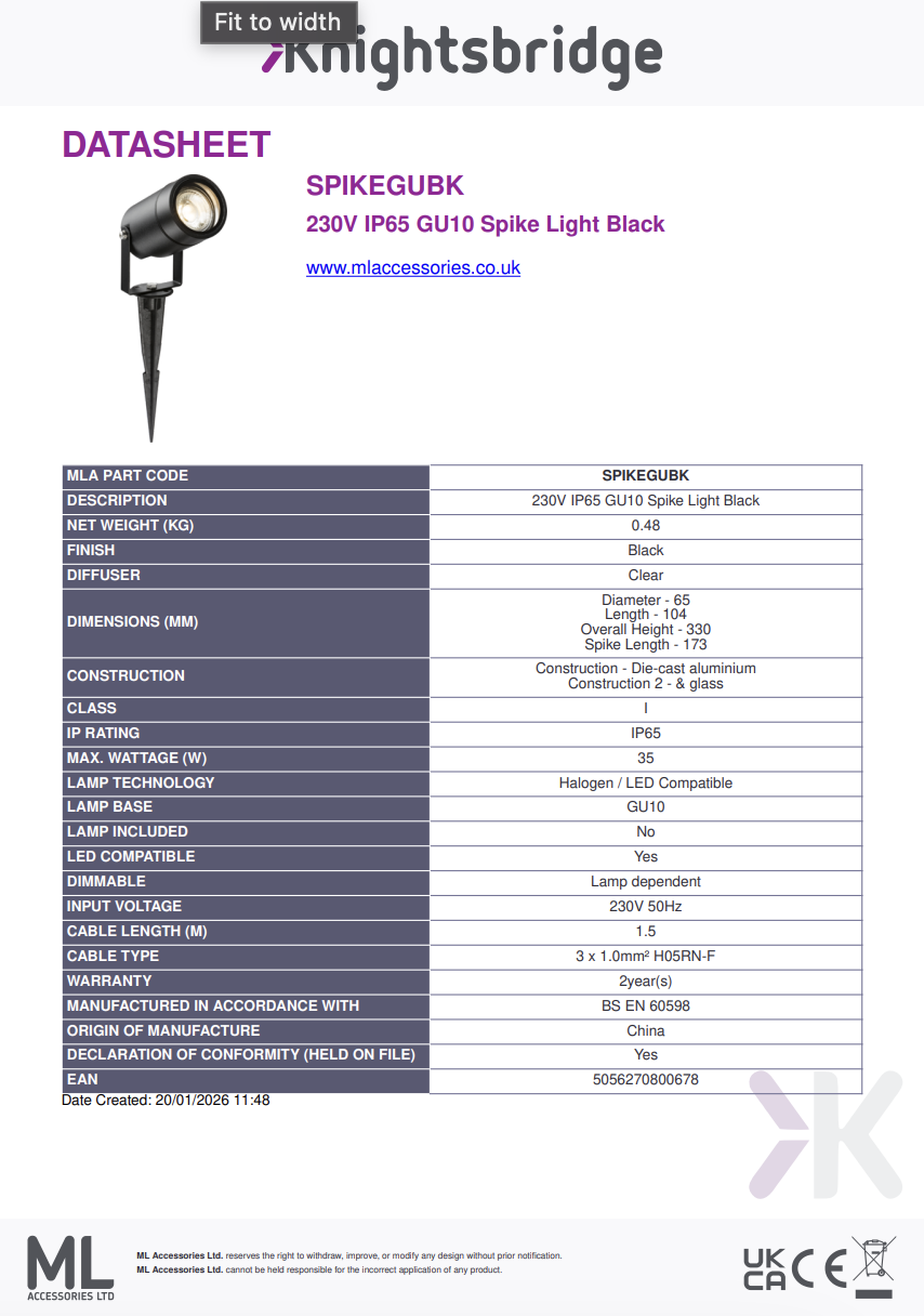 SPIKEGUBK 230V IP65 GU10 Spike Light Black