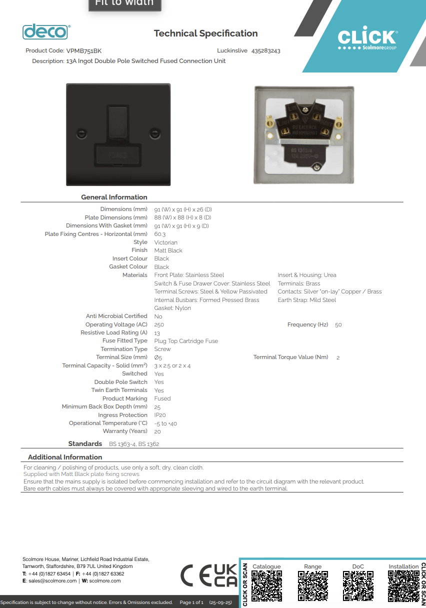 VPMB751BK 13A Ingot Double Pole Switched Fused Connection Unit