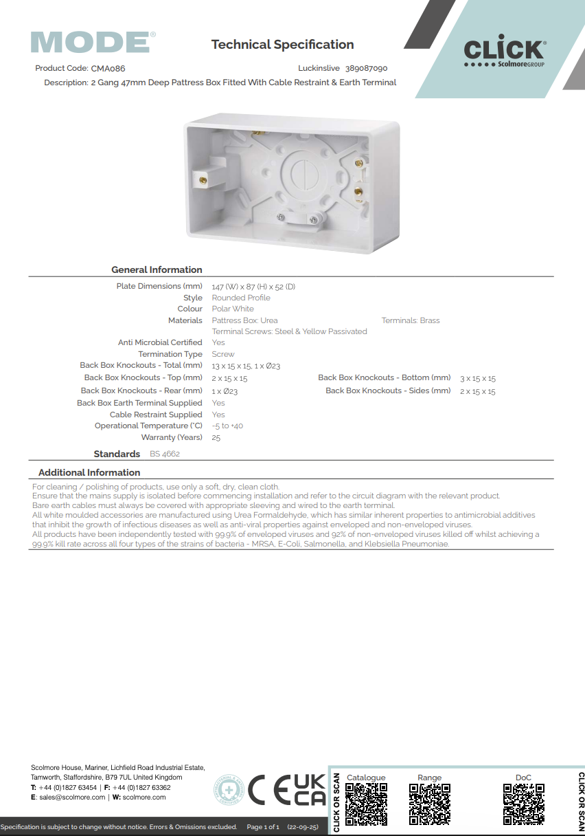 CMA086 2 Gang 47mm Deep Pattress Box Fitted With Cable Restraint & Earth Terminal