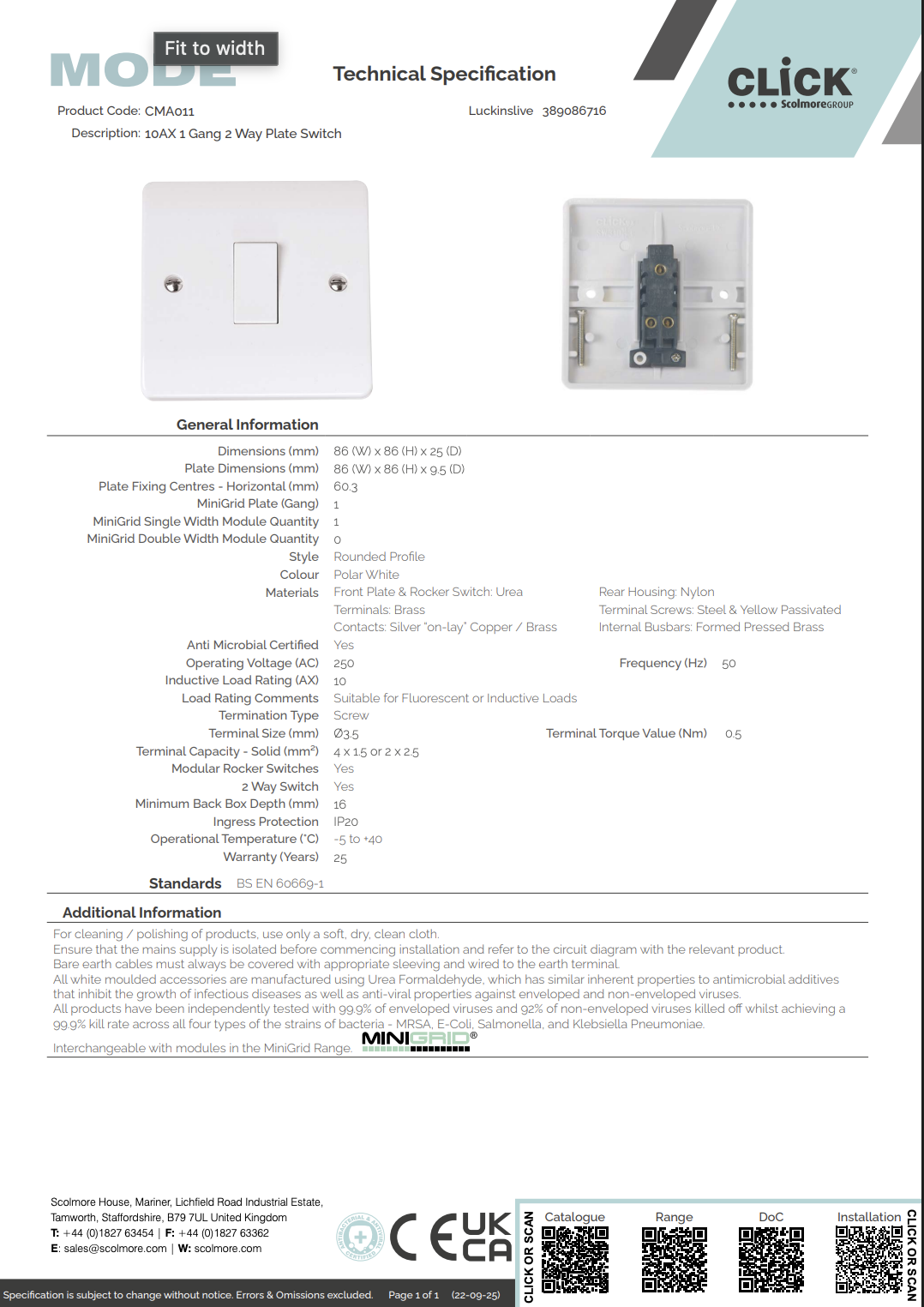 CMA011 10AX 1 Gang 2 Way Plate Switch