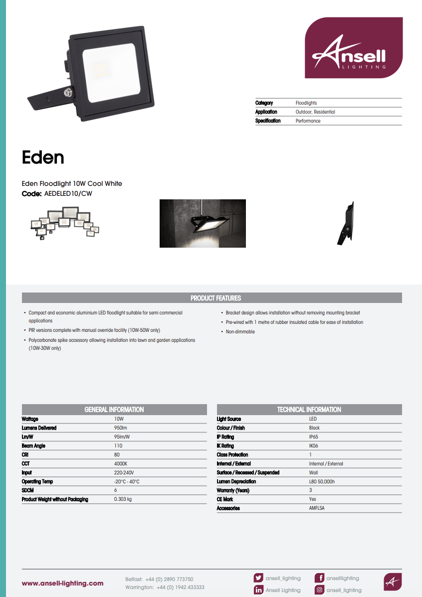 Eden Floodlight 10W Cool White AEDELED10/CW