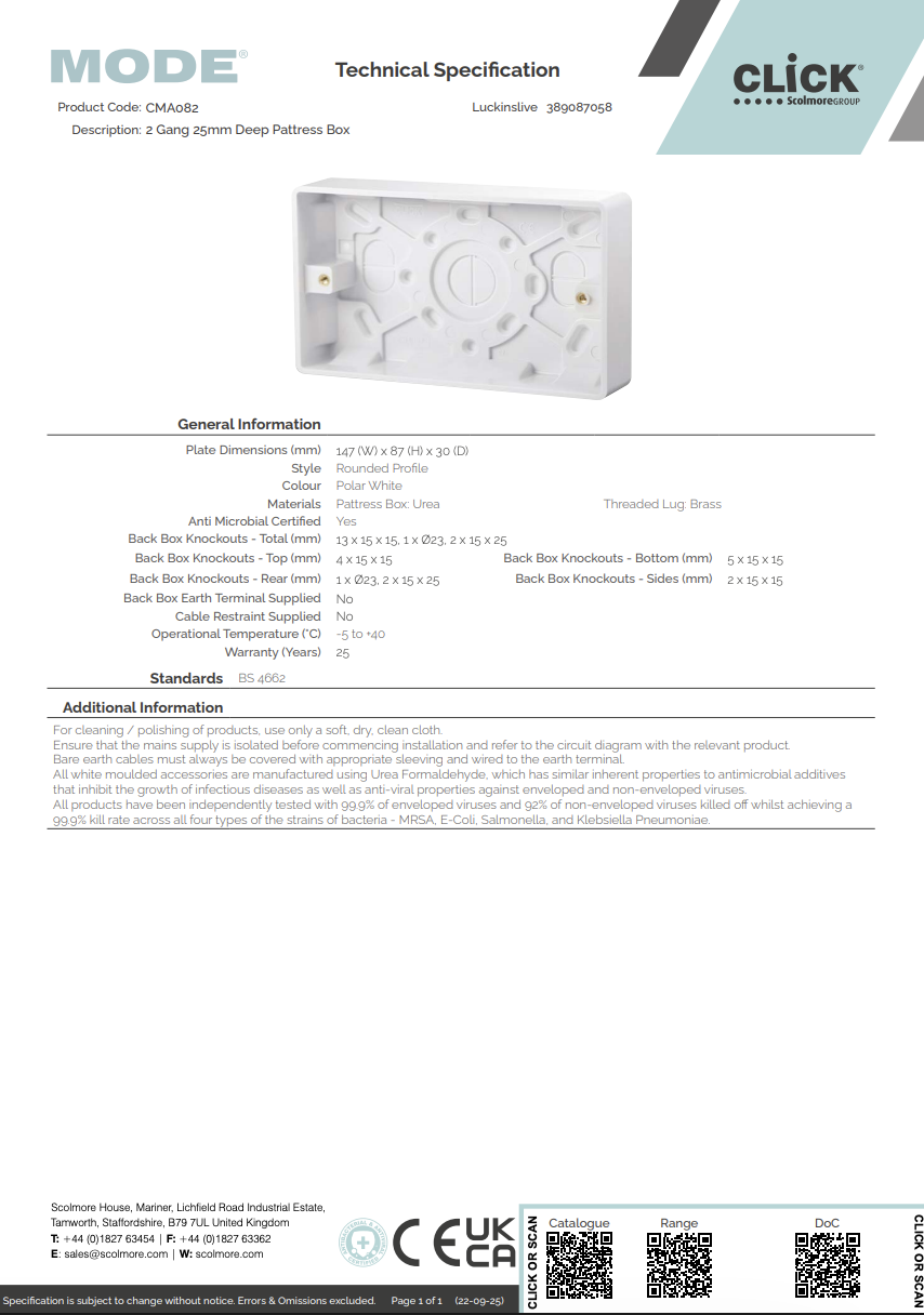 CMA082 2 Gang 25mm Deep Pattress Box