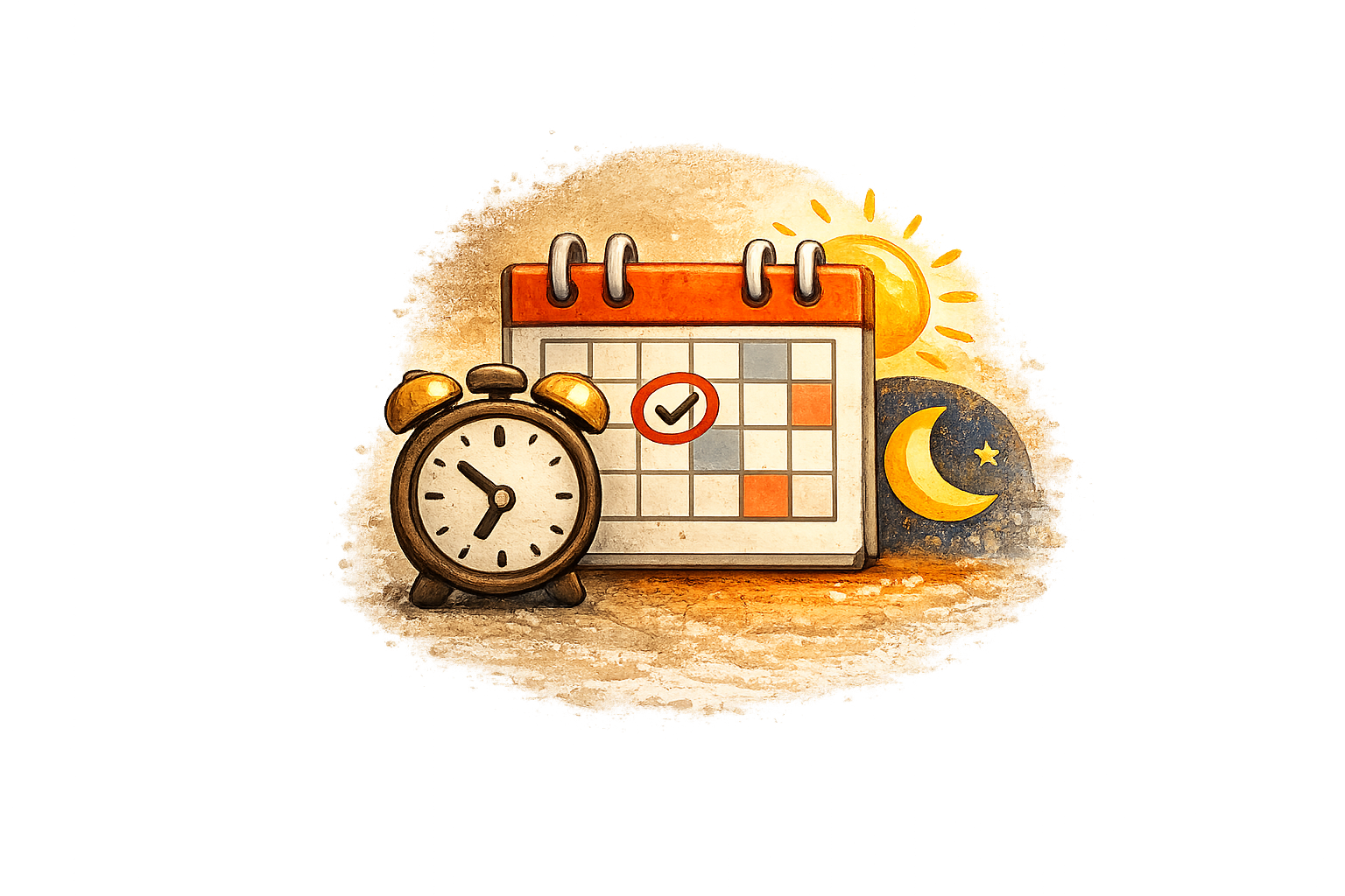 Illustration eines Weckers, eines Kalenders mit Datum und Häkchen, Sonne, Mond und Stern, die das Tag-Nacht-Zyklus symbolisieren.