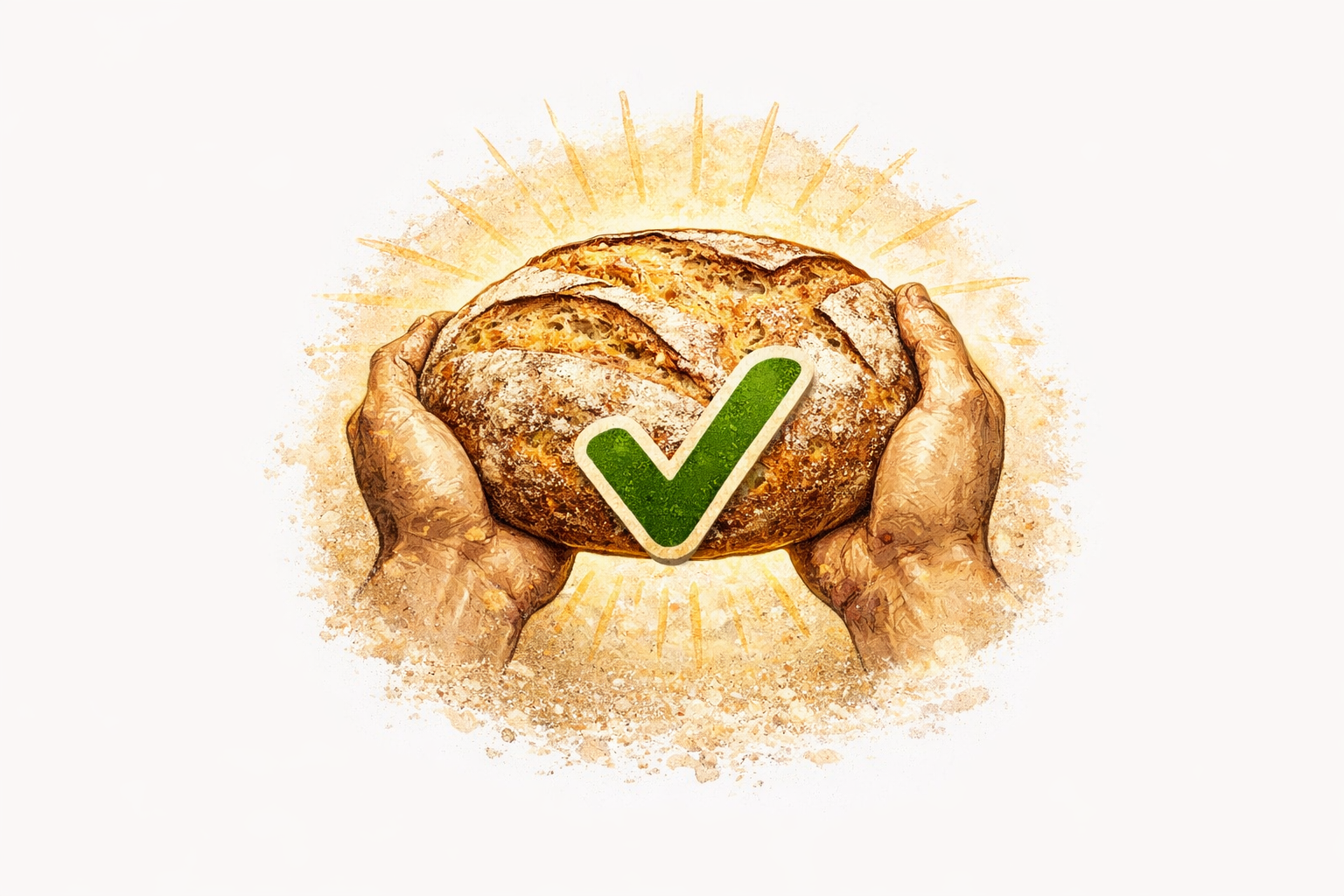 Zwei Hände halten ein Laib Sauerteigbrot, davor liegt ein grüner Haken, mit einem strahlenden Hintergrund.