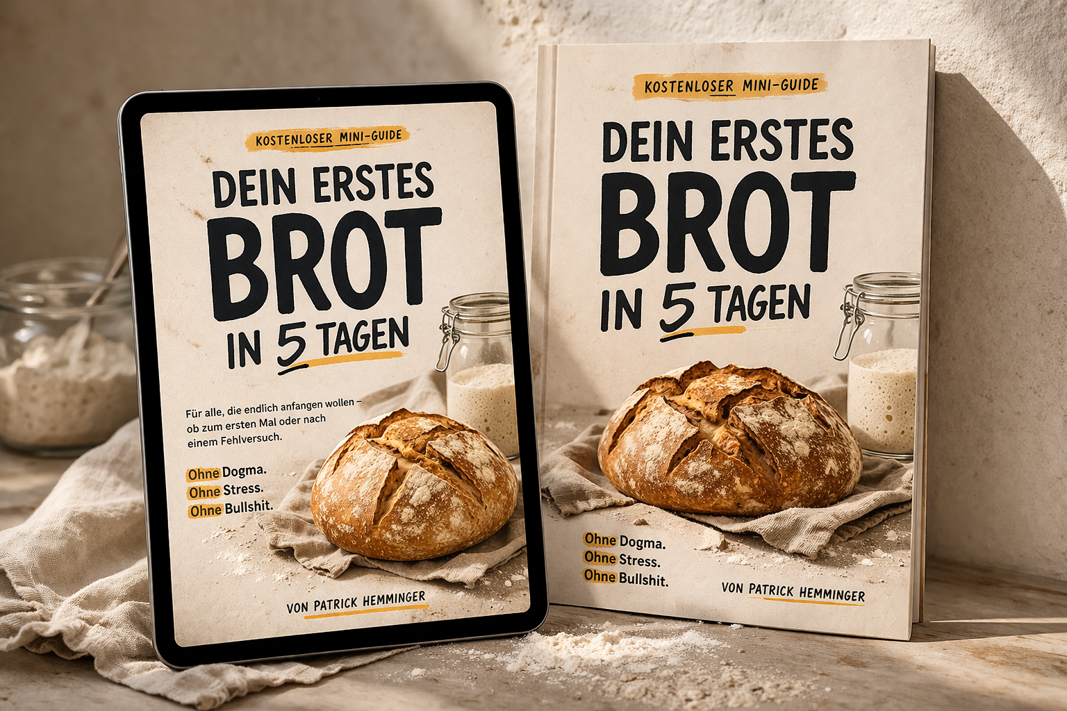 Buch und Tablet mit dem Cover eines kostenlosen Mini-Guides zum Backen von Brot in 5 Tagen. Das Cover zeigt ein rustikales Laibbrot, Mehl, ein Glas mit Milch und eine Schüssel mit Brotteig.