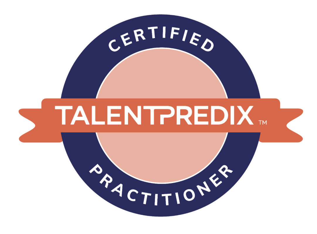 Official TalentPREDIX Certified Practitioner badge with a dark blue circle, light pink center, and orange ribbon with white text.