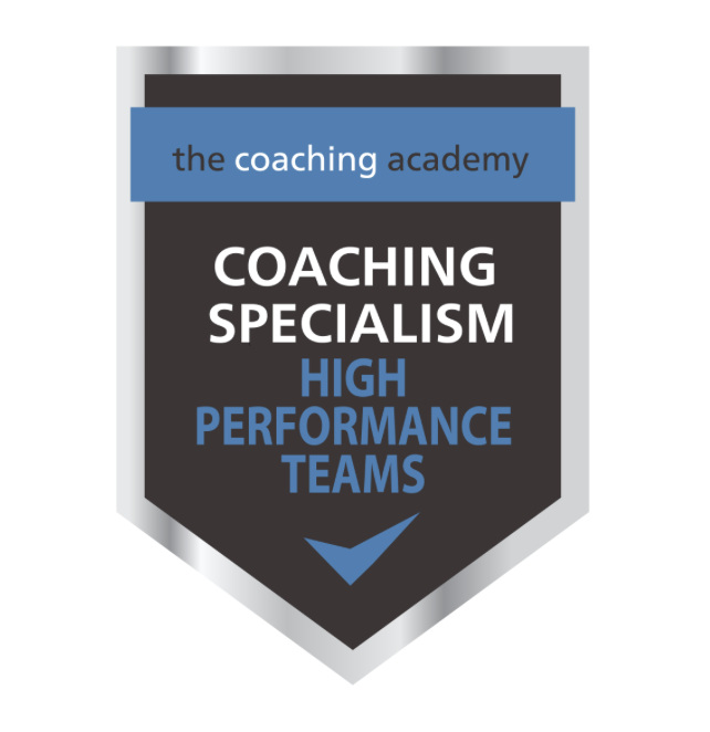 Badge design with black, blue, and gray colors promoting coaching specialization for high performance teams.
