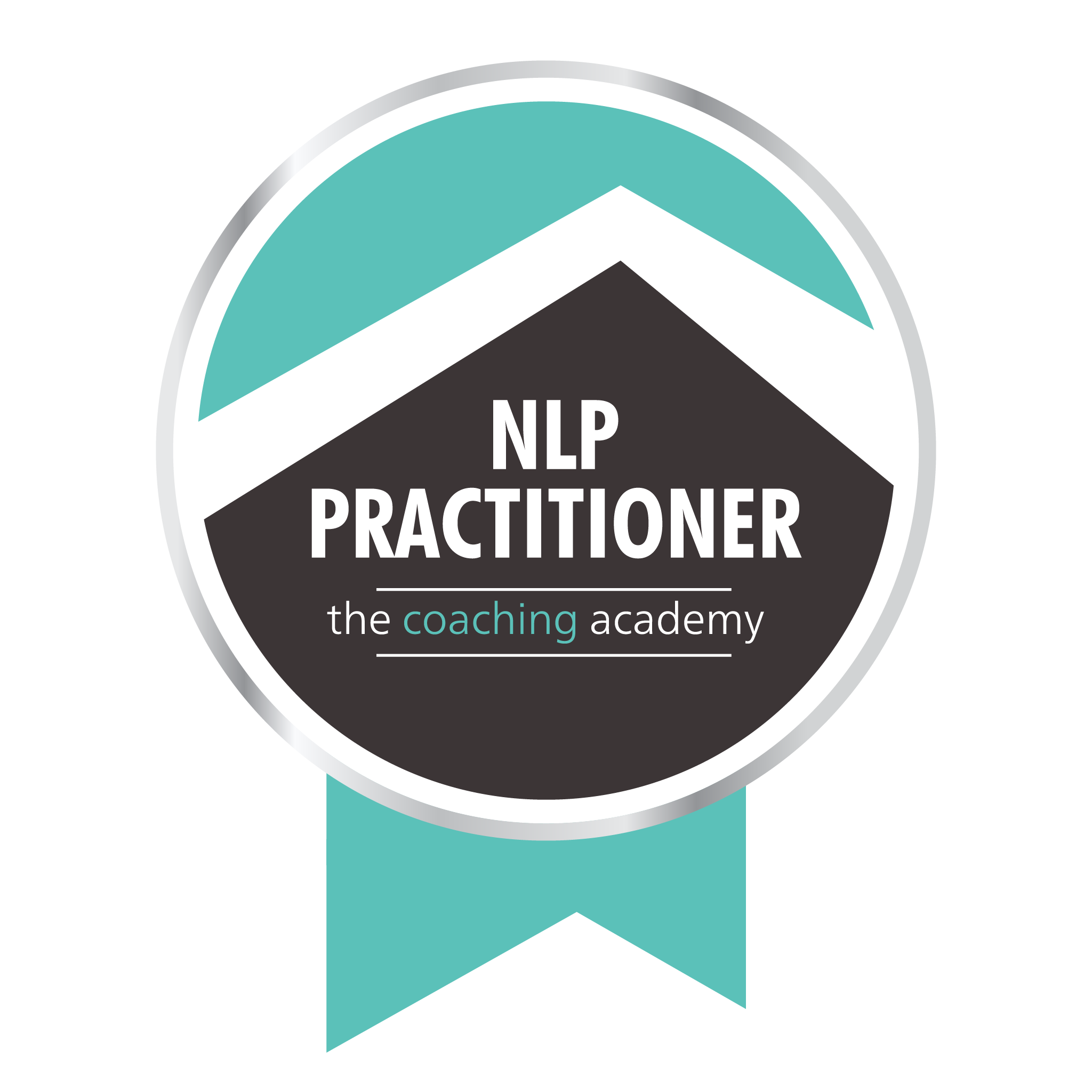Badge with a black circle background, teal and white arrow design, and the words 'NLP PRACTITIONER' and 'the coaching academy' on it.