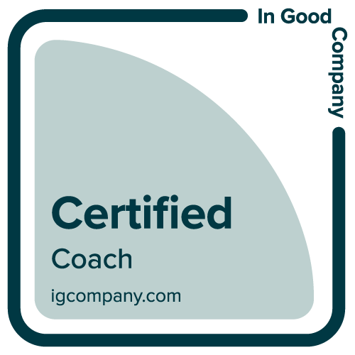 A certification badge with a rounded corner design, displaying the words "Certified Coach" and "igcompany.com" along with a rating scale from "In Good" to "Company".