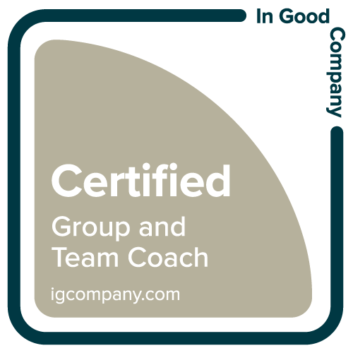 A certification badge from igcompany.com for a Group and Team Coach, indicating it is in good standing with a curved design and dark teal borders.