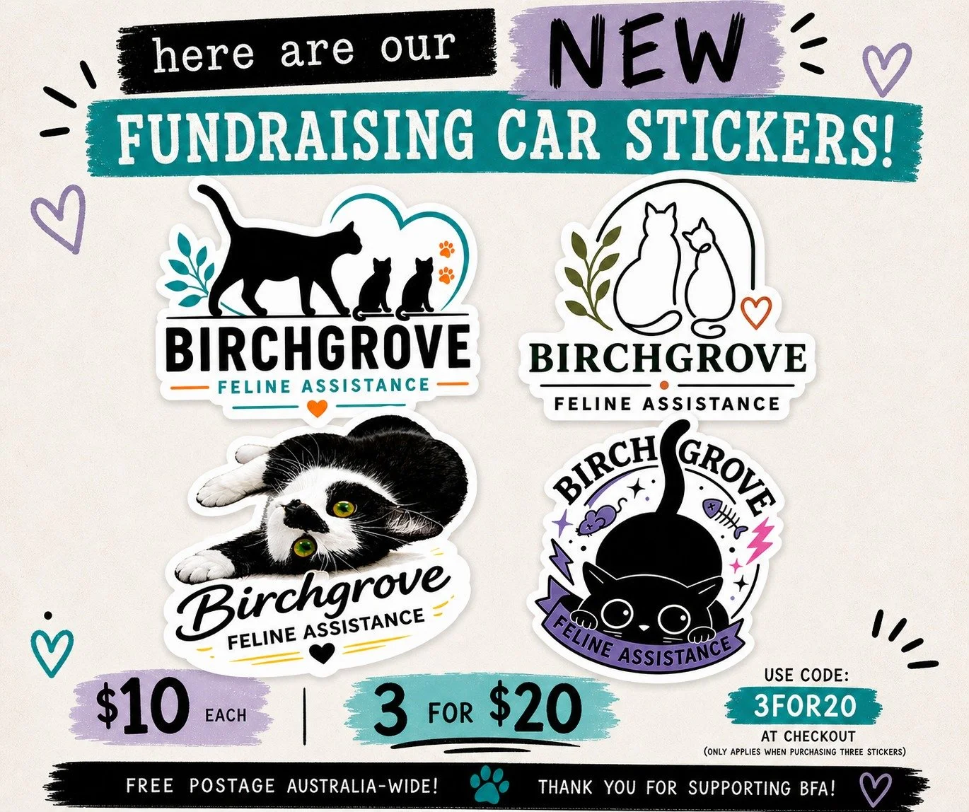 Thanks to all your votes, we now have our top 4 stickers!

They&rsquo;re up for presale now on our website &ndash; for your car, laptop, water bottle, wherever you want them 😊 Check them out here: https://www.birchgrovefelineassistance.org.au/shop

