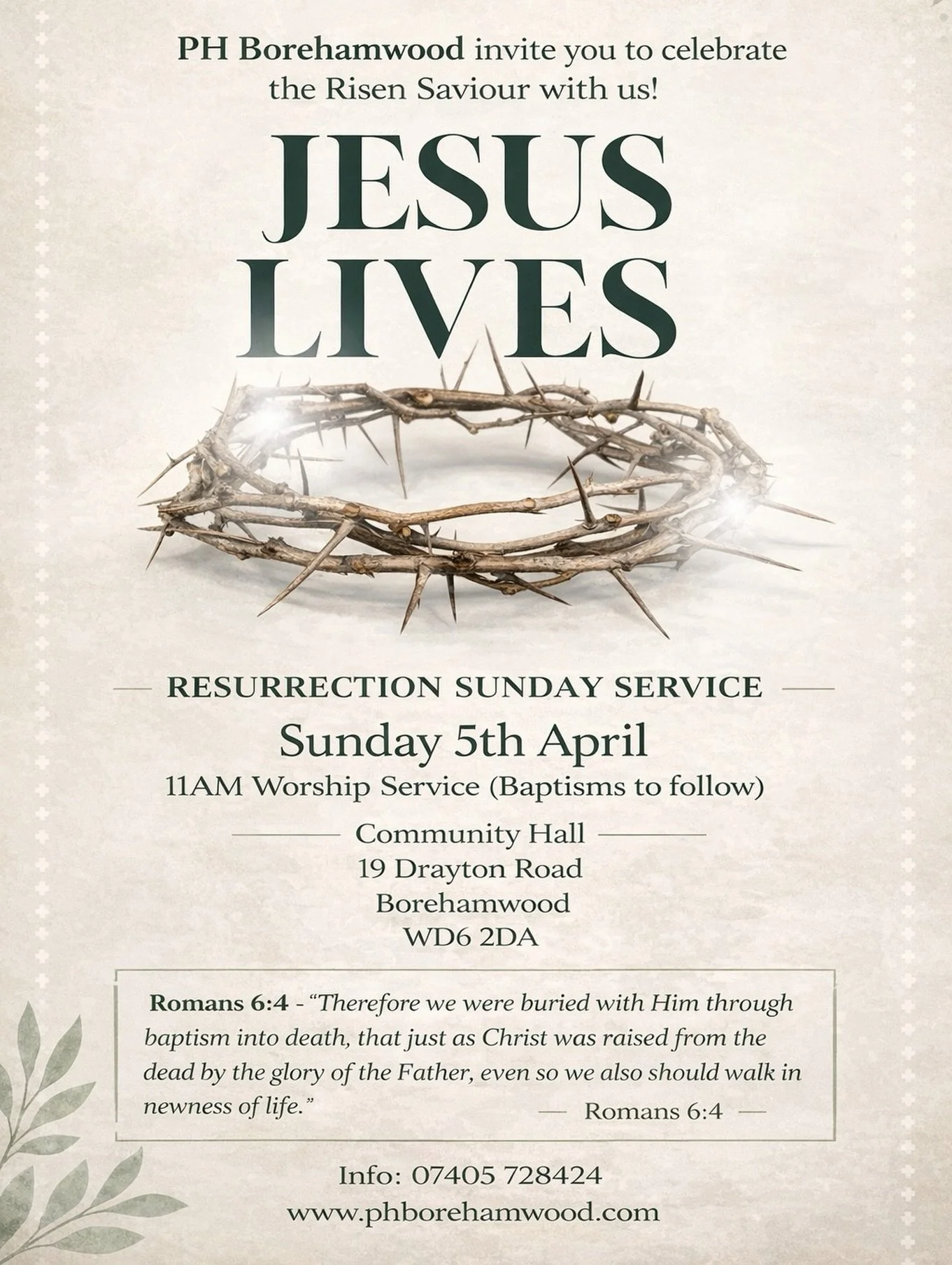 Simple Message: Jesus LIVES 🙏🏽🪨 And we celebrate this truth April 5th at 11AM, along with our baptism.
- - - 
Be part of what God is doing in Borehamwood!
- - - 
#phborehamwood #eastersunday #jesusisrisen