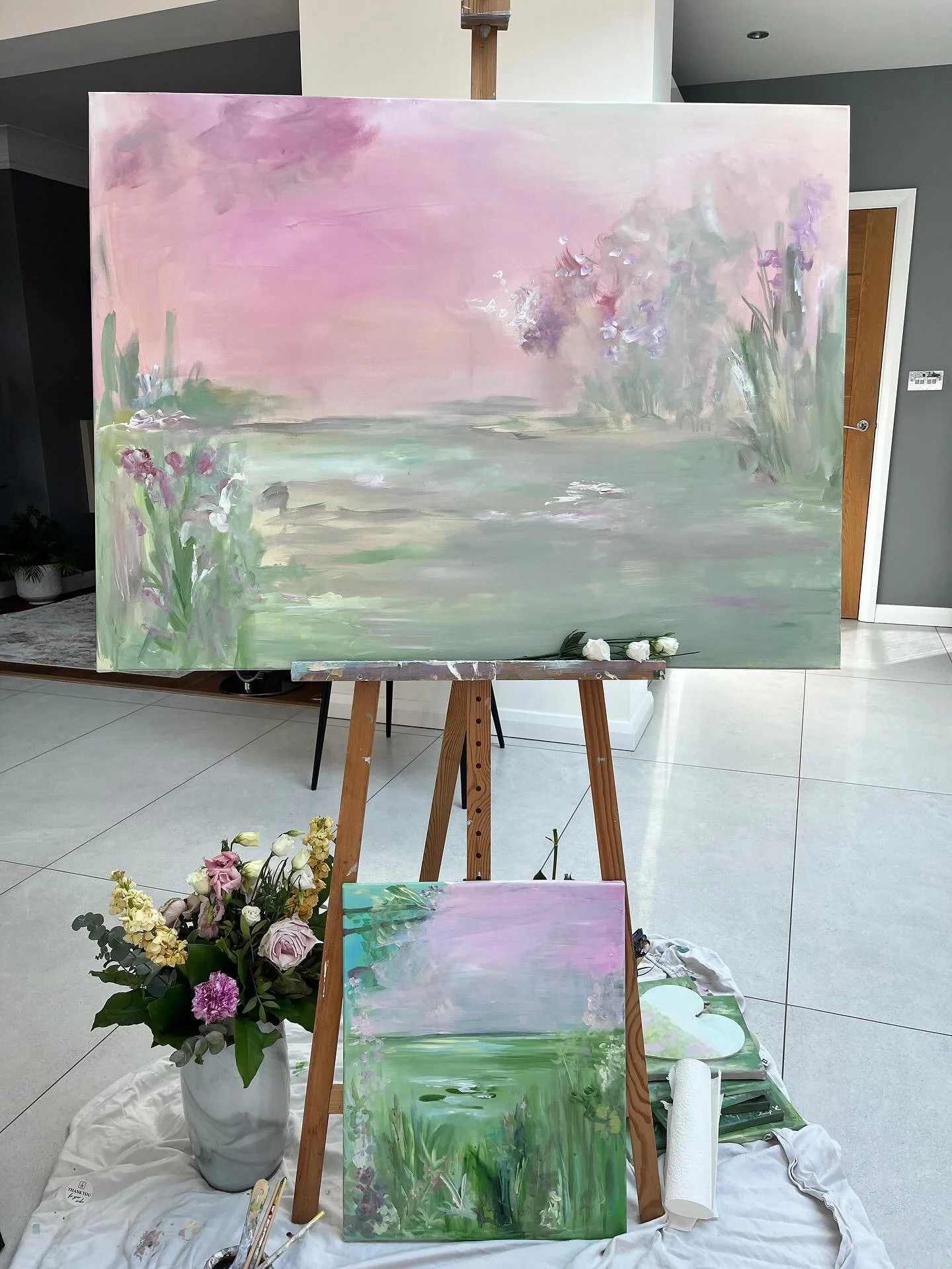 a work in progress painting .. or is it? π it’s a big oneeeeee π«Άπ€πͺ· i’ll be honest i absolutely love it and i almost want to leave it & keep it staying exactly the way it is. π€ what do you think? the most calming colours ever, ahh