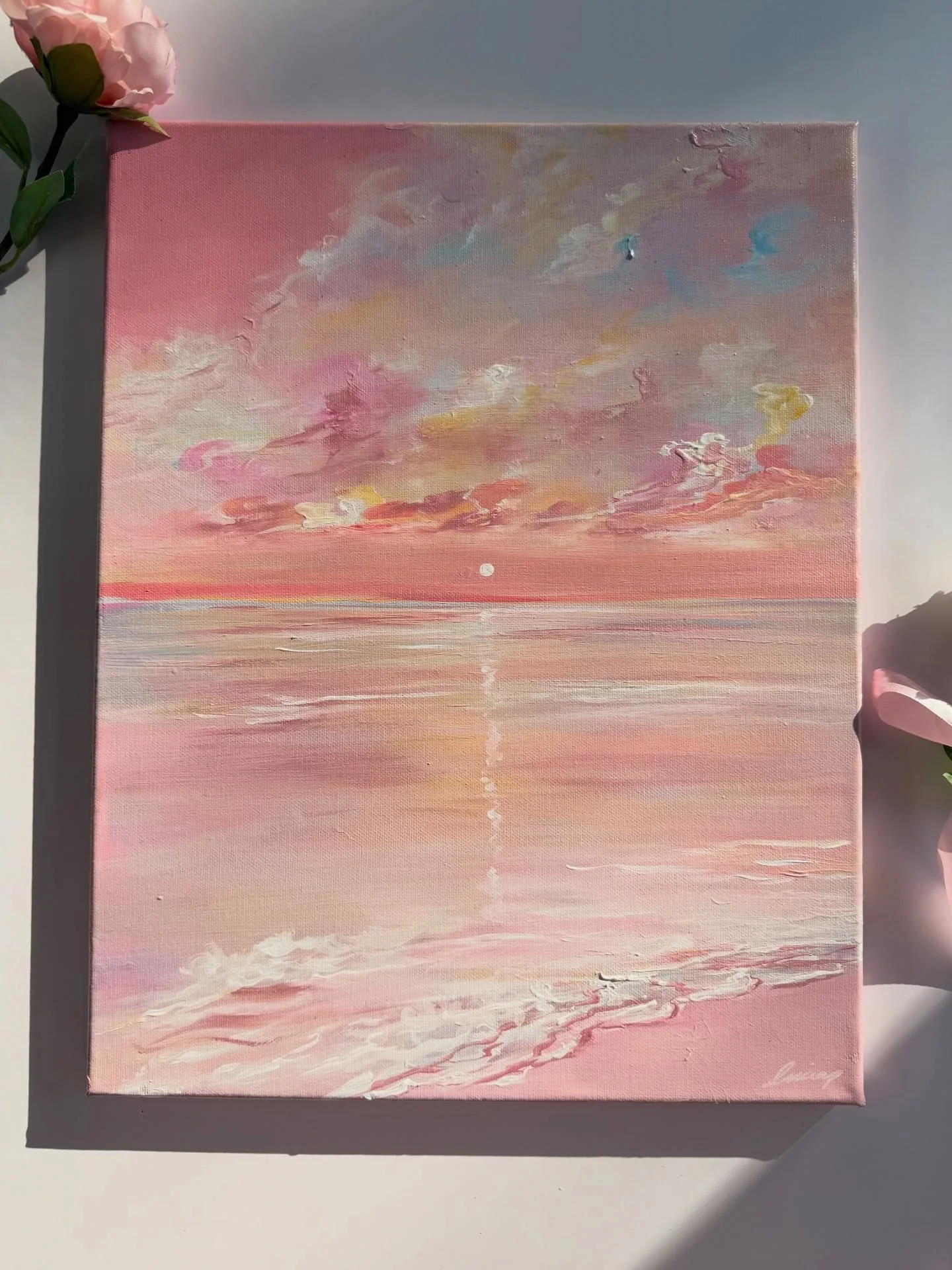 &lsquo;the glow will stay&rsquo; 🌅🧡🪞☁️ the dreamiest coloursssss <3 bringing some warm sunset energy to your feed on this cold wintery day 

acrylic on canvas 
14 x 18 inches 
comes with a signed certificate of authenticity 💌 
worldwide shippi