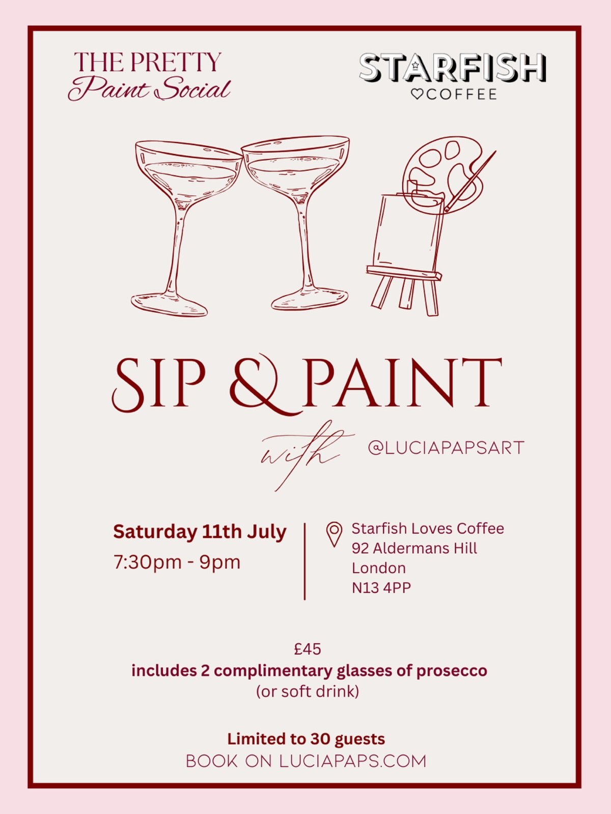 💖✨ Sip &amp; Paint at @starfishlovescoffee ✨💖

i&rsquo;m soo excited to announce my next sip &amp; paint evening in collaboration with Starfish Loves Coffee!

Join me for a relaxed &amp; fun evening of painting, prosecco and creativity. Whether you