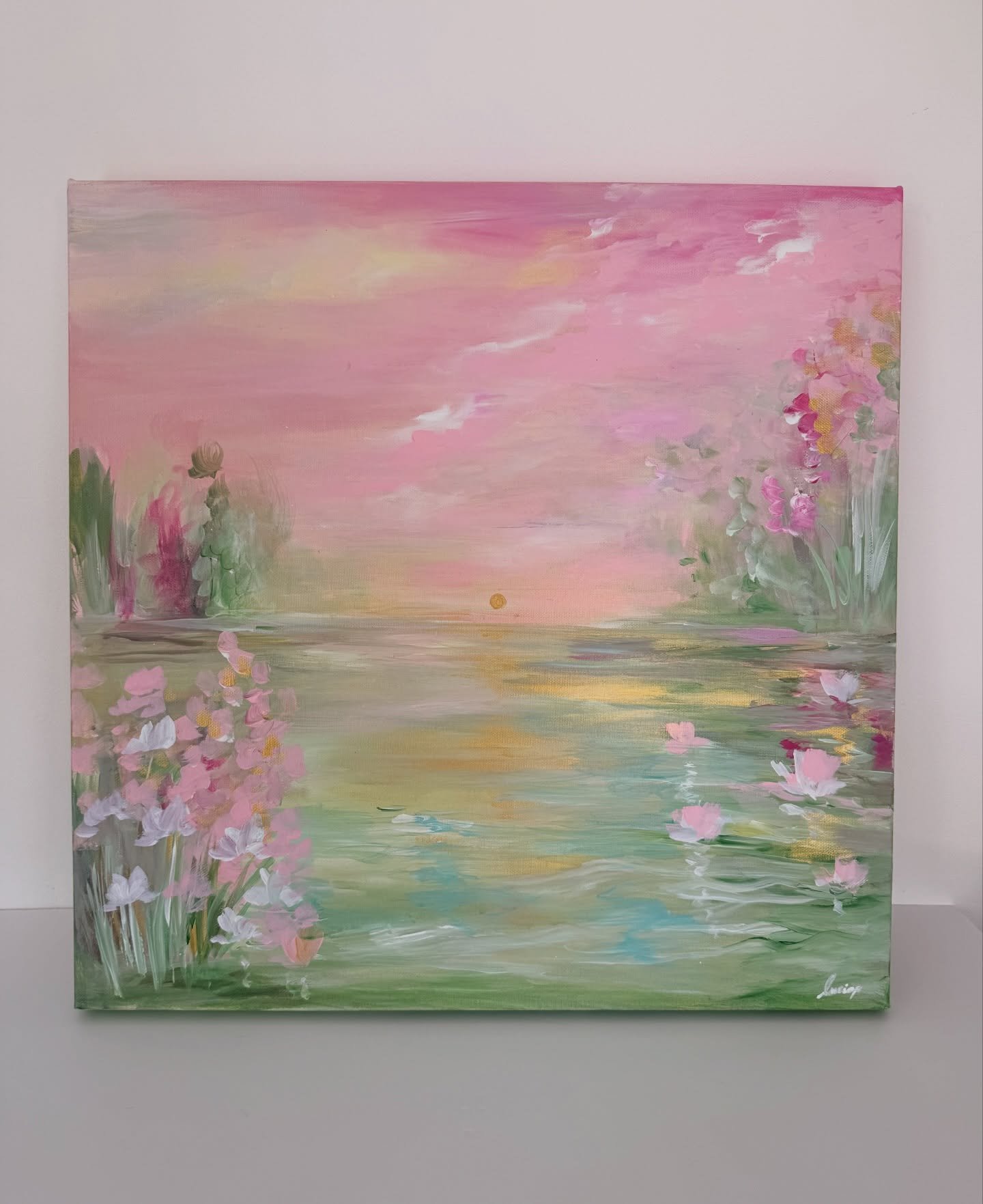 a painting inspired by peaceful summer evenings where the sky is still bright, turns pink and the world feels softer for a moment. spotting lilies by the lake, florals blooming.. 💘💚💕

i love the colours of this one, the combo of the pink &amp; gre