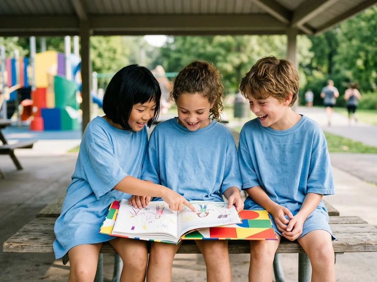 Enfants du camp de jour qui feuillettent un cahier d'activités au parc