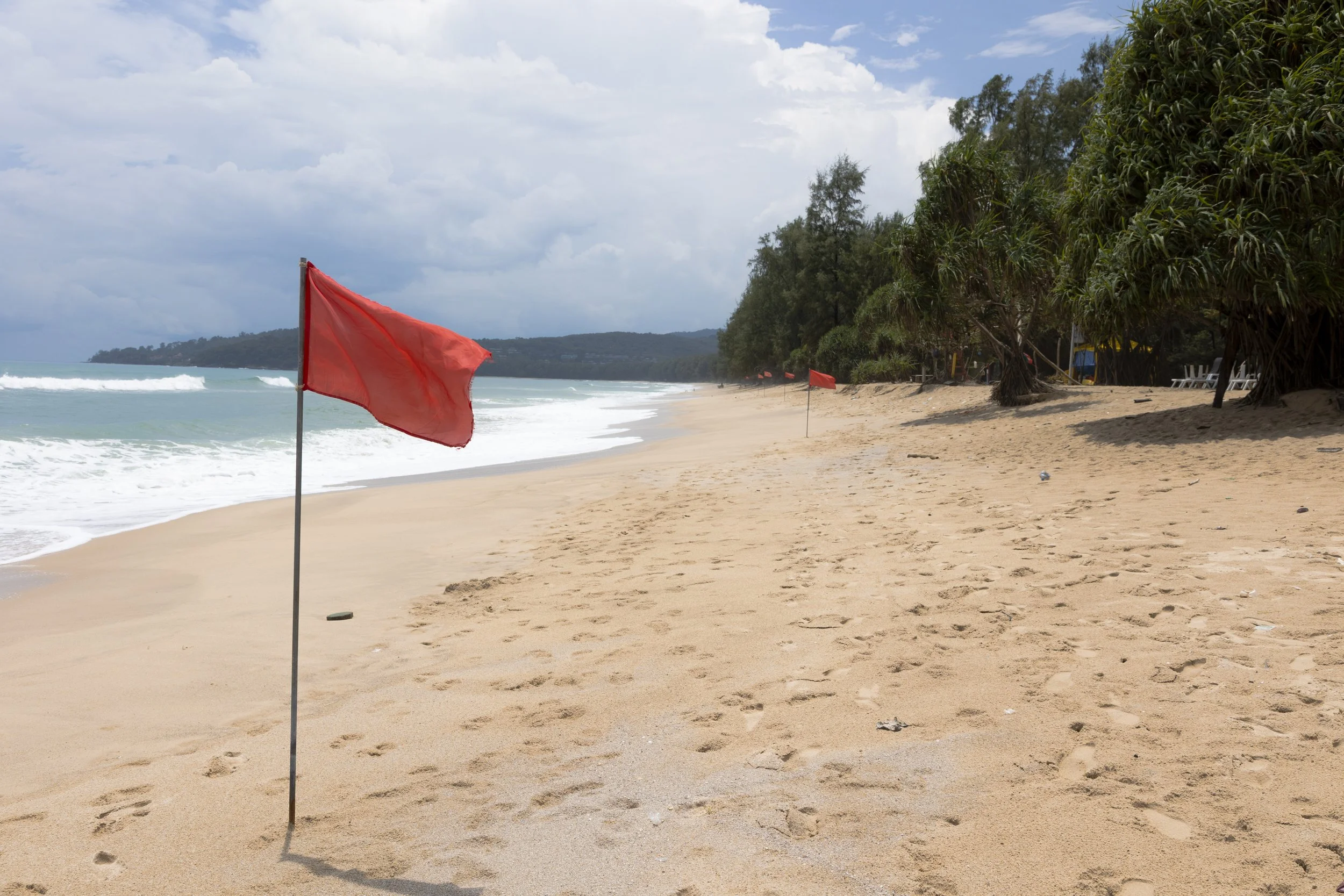 Empty sandy beach with red flags, trees along the shoreline, waves in the ocean, and a cloudy sky.