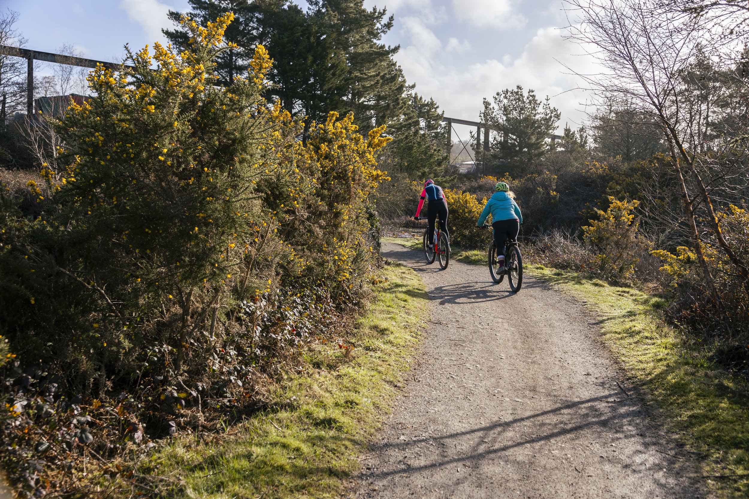 Two women riding bicycles on a dirt trail in a natural outdoor setting with trees and bushes, some with yellow flowers, under a partly cloudy sky.