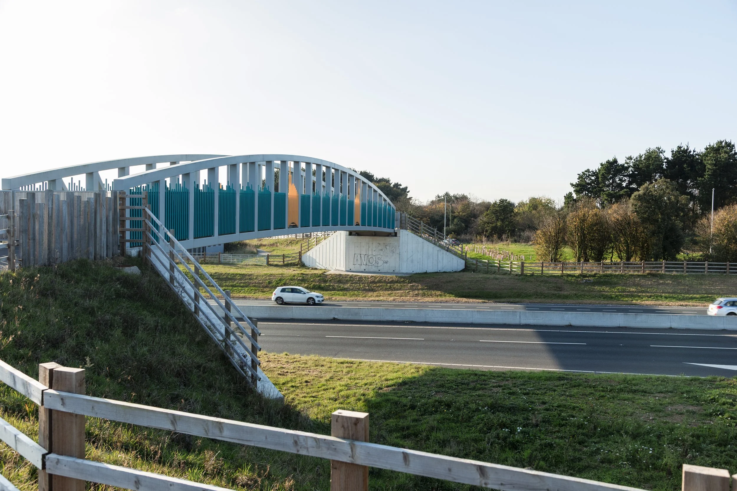 A white bridge with blue sides crossing over a highway with cars, trees in the background, and a clear sky.