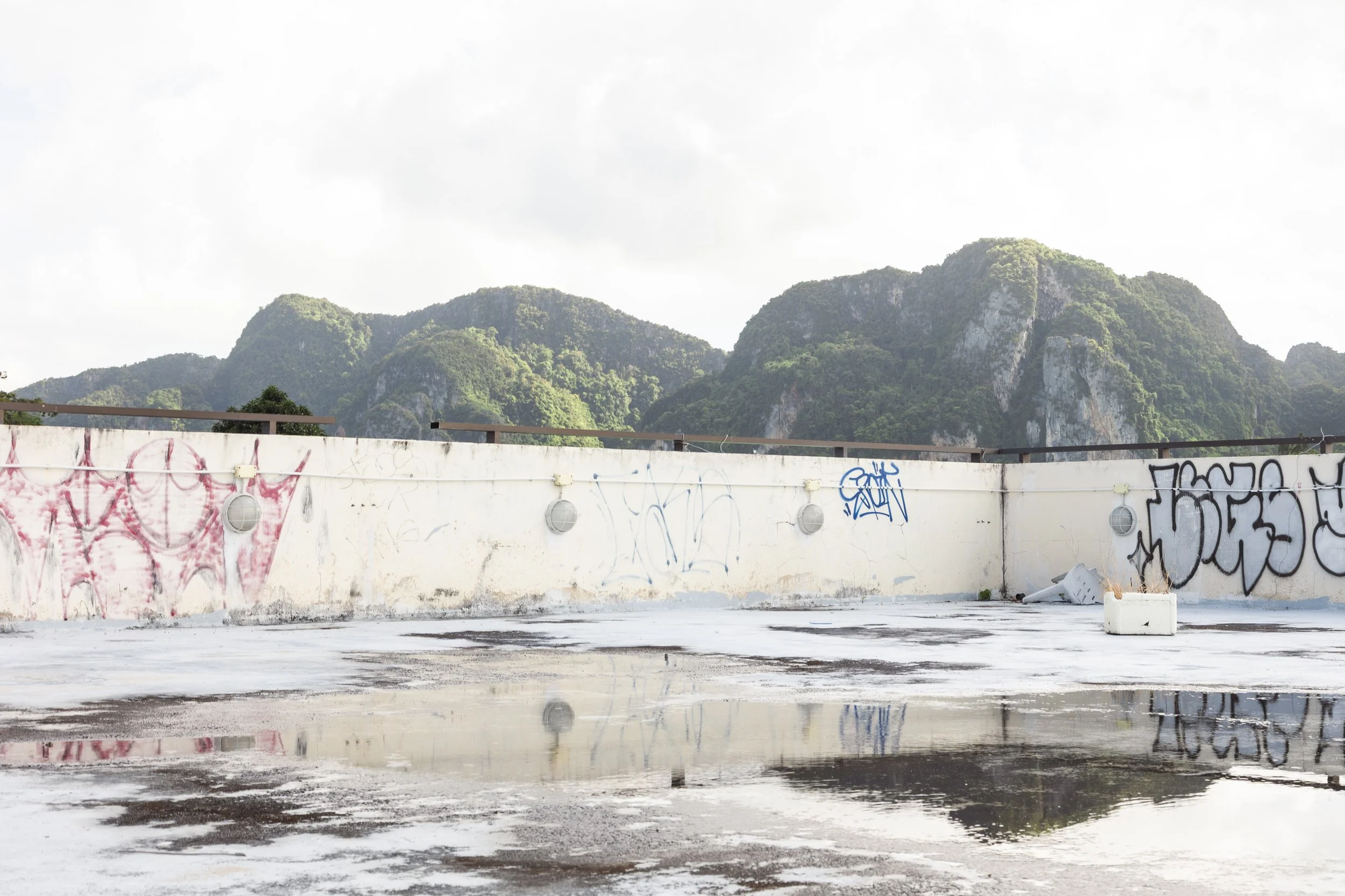Graffiti-covered rooftop with puddles of water, a mountain range in the background, and a cloudy sky.