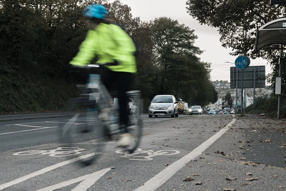 Bicyclist riding on a designated bike lane with painted bike symbols, traffic on the street, and trees in the background.