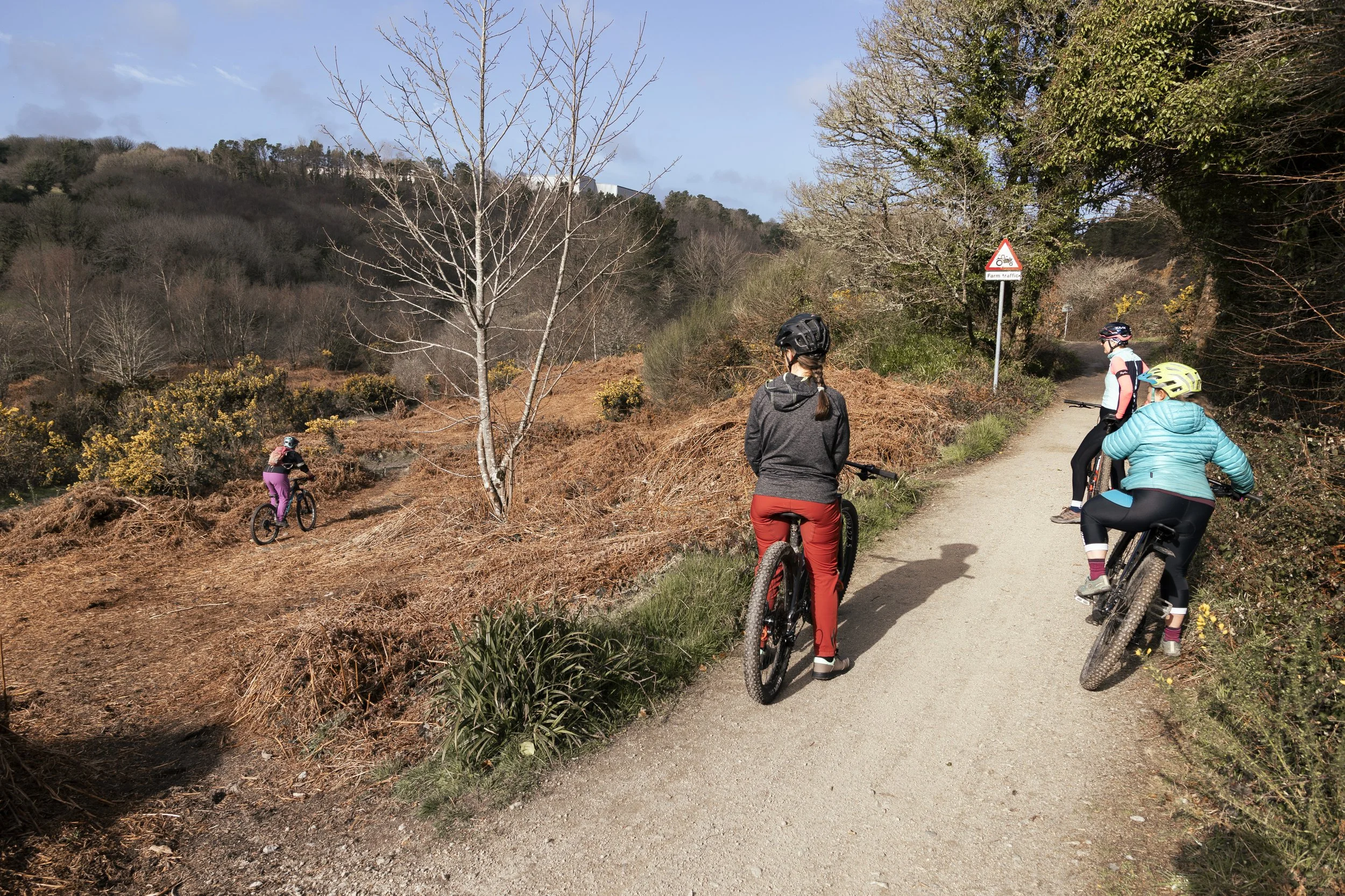 Four people, three women and one girl, wearing helmets and cycling gear, take a break on a dirt trail in a wooded area with some trees, bushes, and distant hills, under a partly cloudy sky.