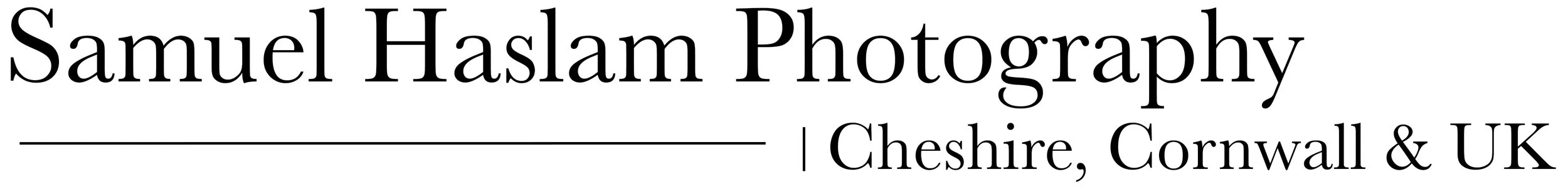 Text logo for Samuel Haslam Photography, with location tags for Cheshire, Cornwall, and UK.