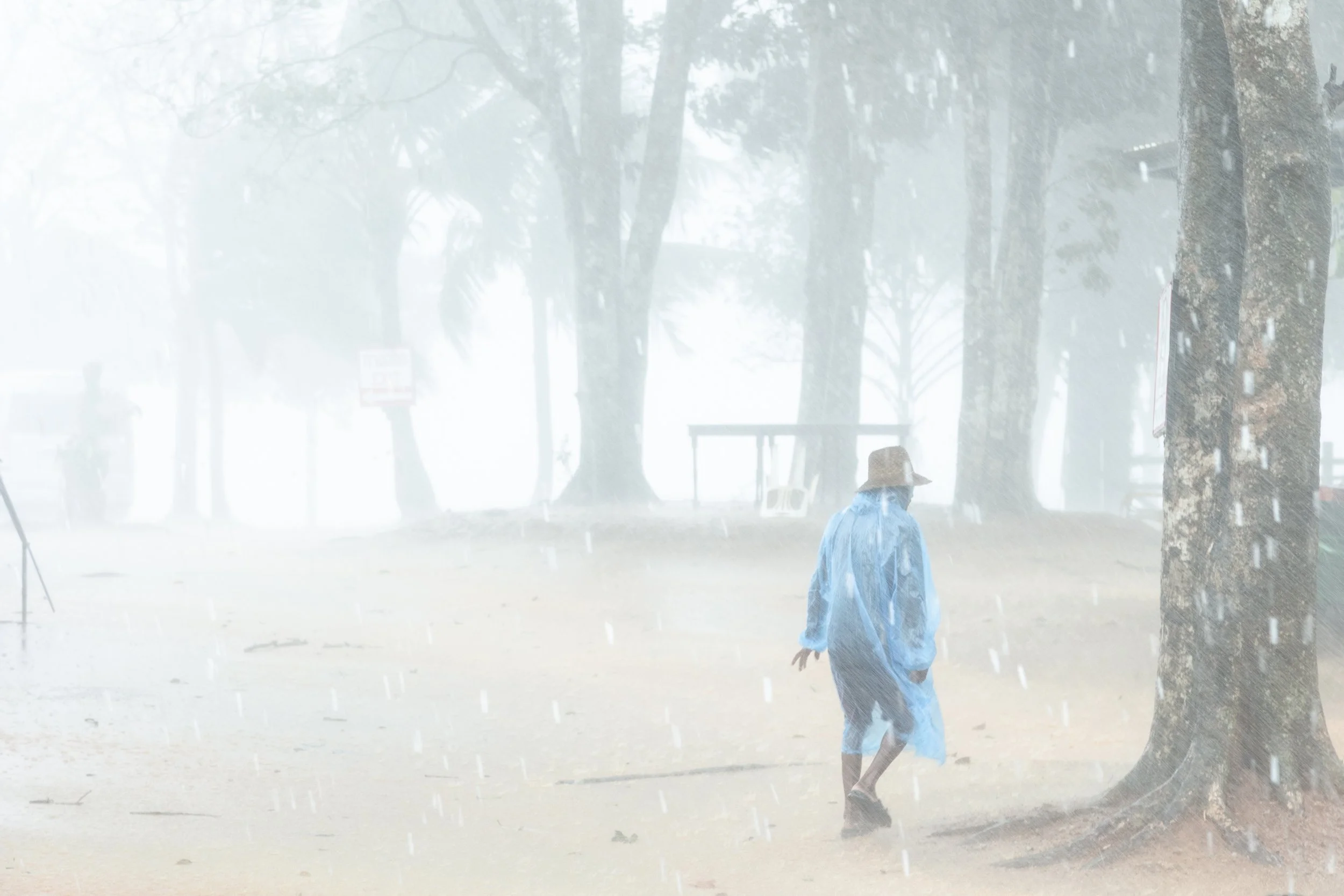 A person walking alone in heavy rain while wearing a raincoat and hat, in a park with trees and a bench in the background.