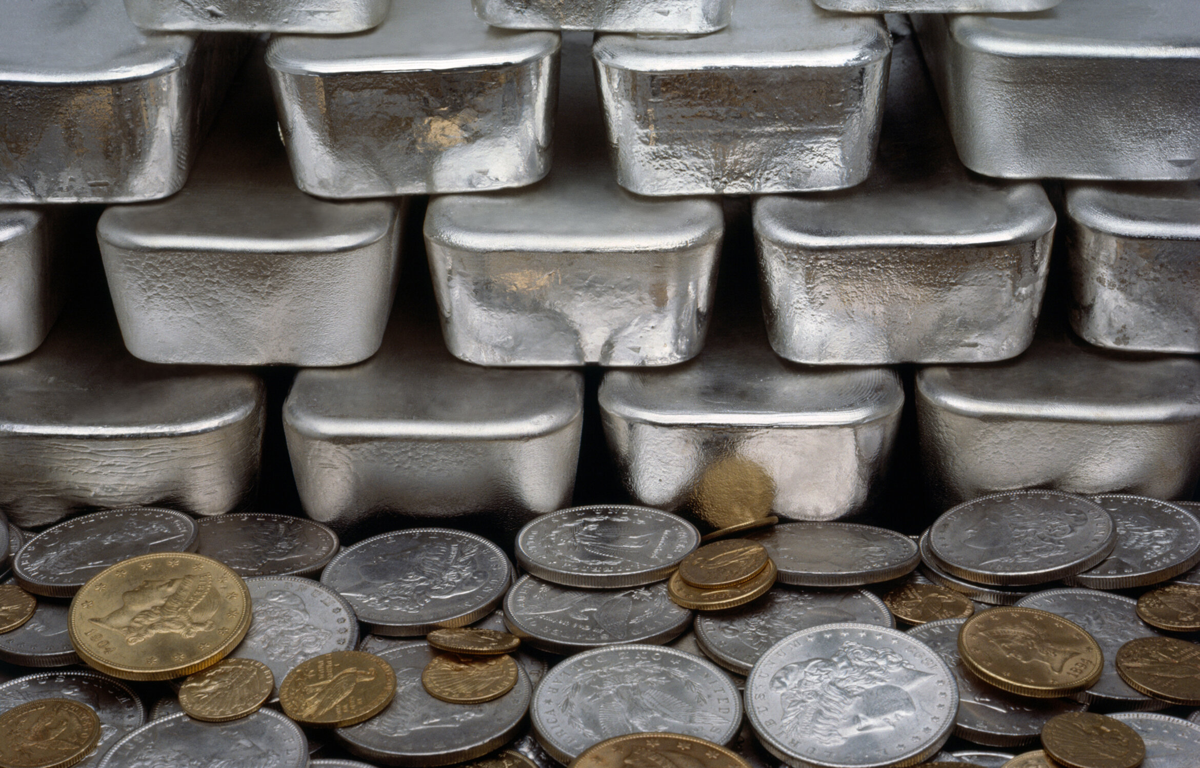 Silver bars, silver:gold coins.jpg