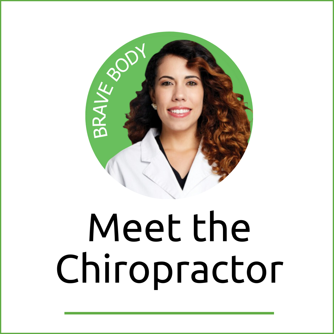 A woman with curly brown hair wearing a white coat, smiling, against a green circular background with the words 'BRAVE BODY'.