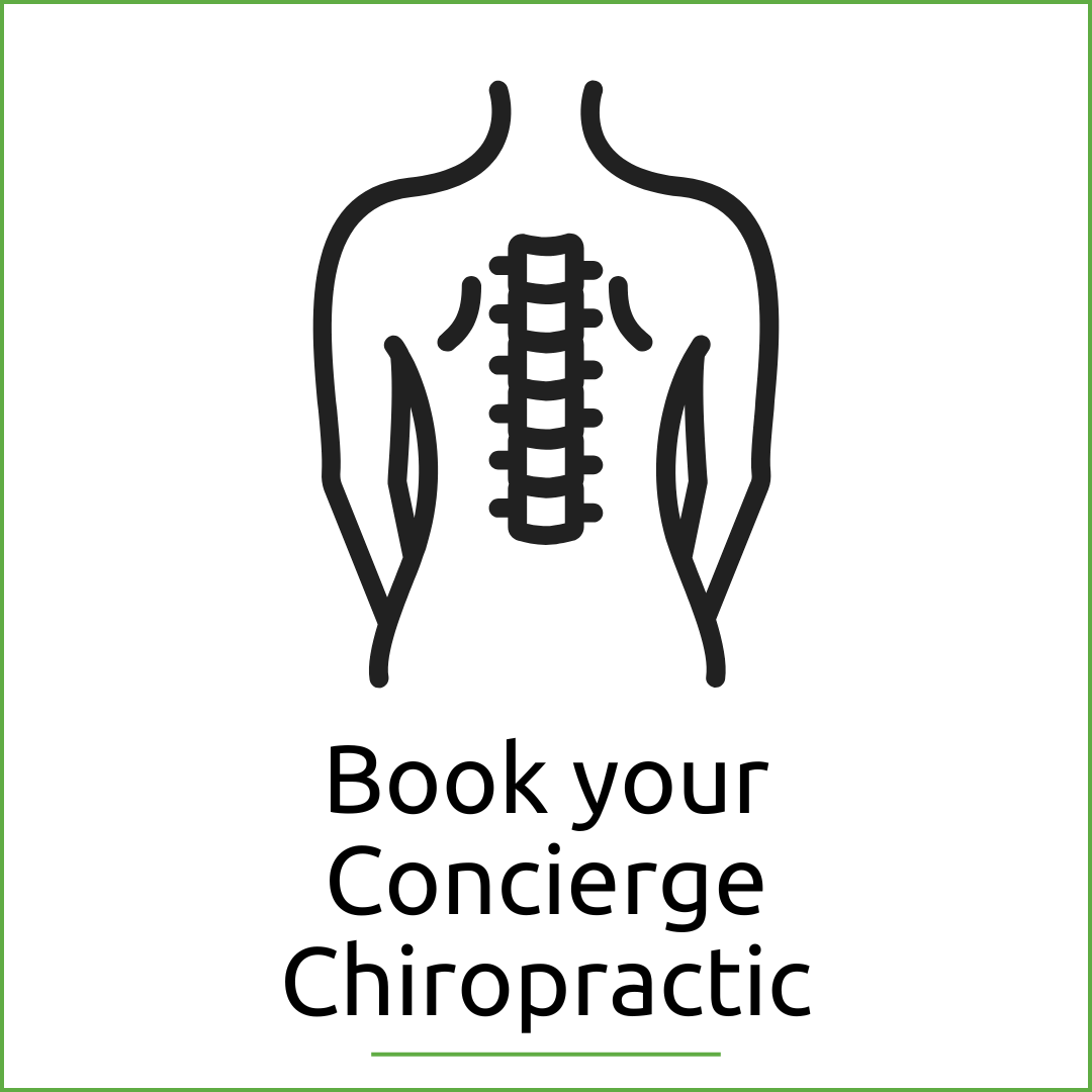 Illustration of a human back with a spinal cord, accompanied by text that says 'Book your Concierge Chiropractic.'