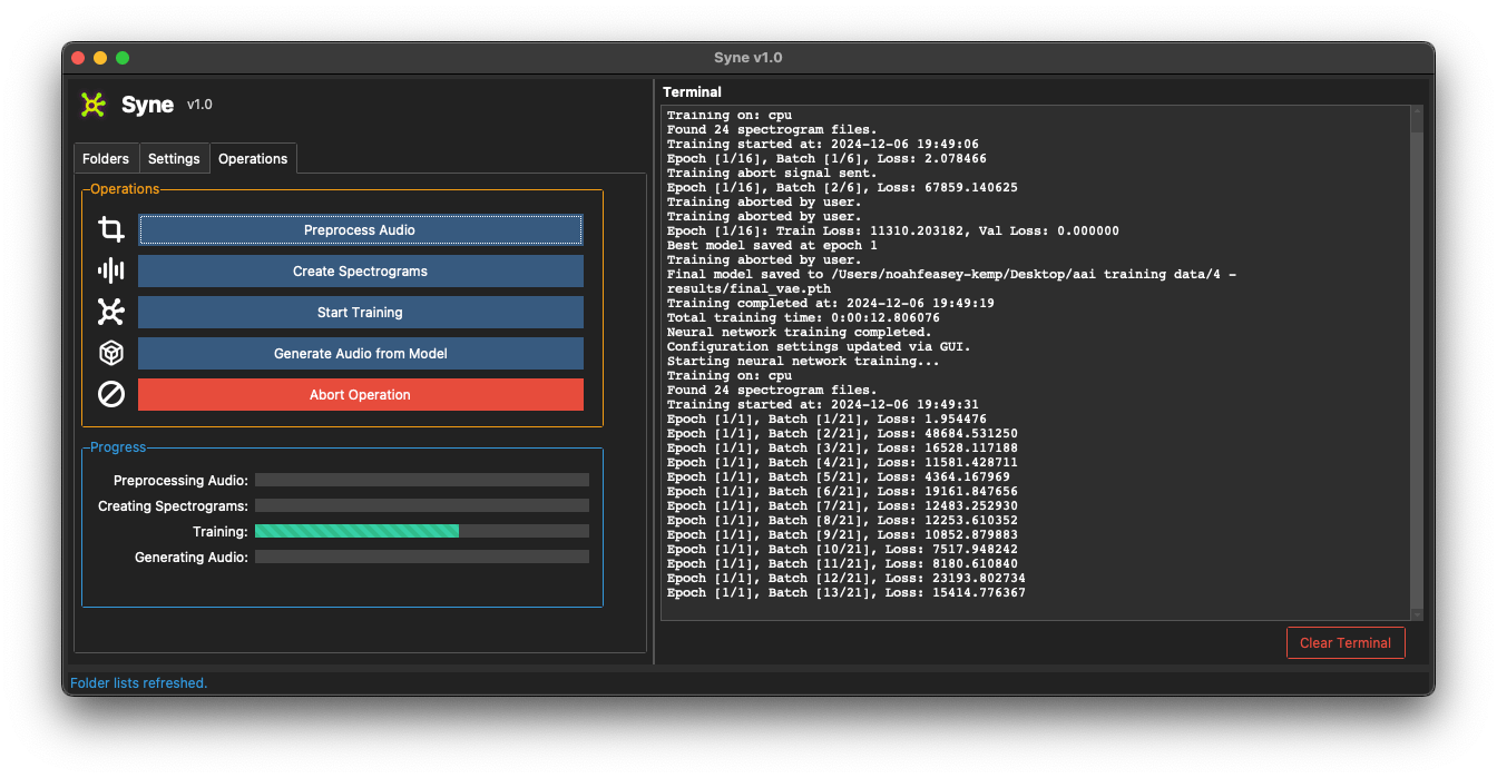Screenshot of a computer interface called Syne v1.0, showing options for audio preprocessing, spectrogram creation, training, and audio generation, with a terminal window displaying training progress and logs.
