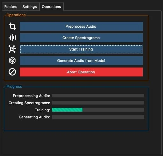Screenshot of an audio processing software interface with options to preprocess audio, create spectrograms, start training, generate audio from model, and abort operation, along with progress bars showing training status.