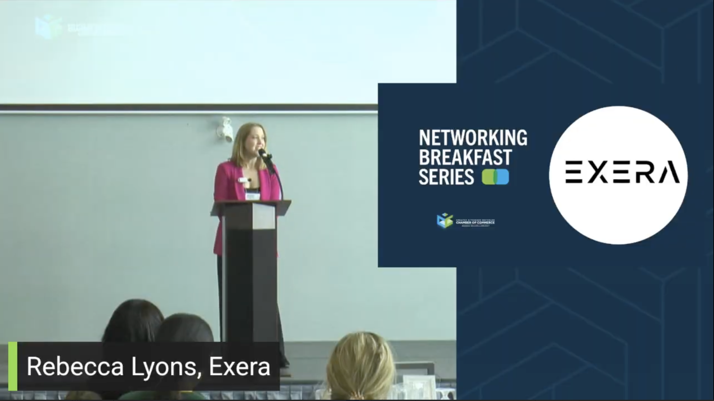 Rebecca Lyons of Exera Solutions speaks at the KW Chamber of Commerce Networking Breakfast Series