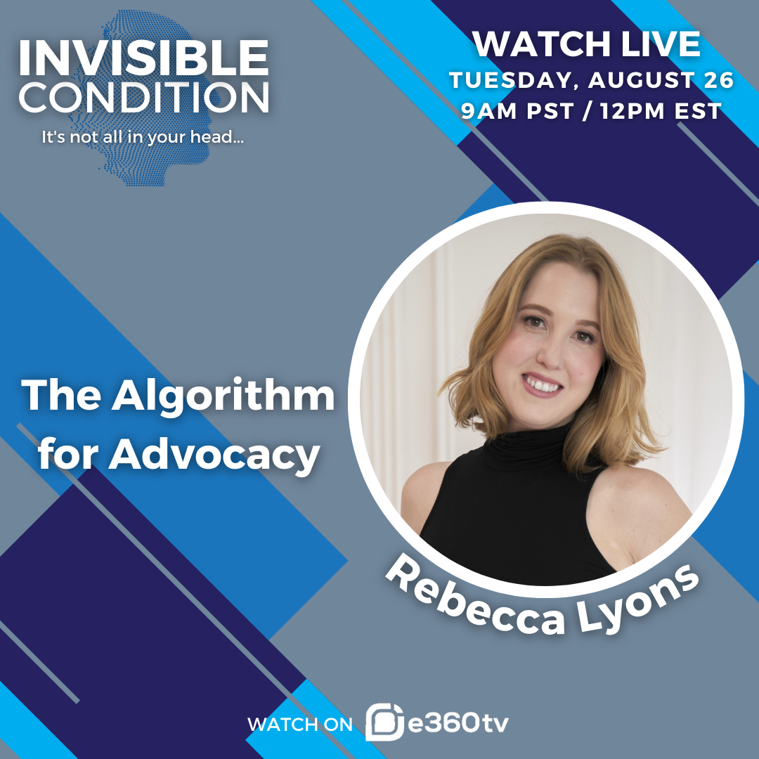Rebecca Lyons on a blue and grey background as a promo for the Invisible Condition episode The Algorithm for Advocacy