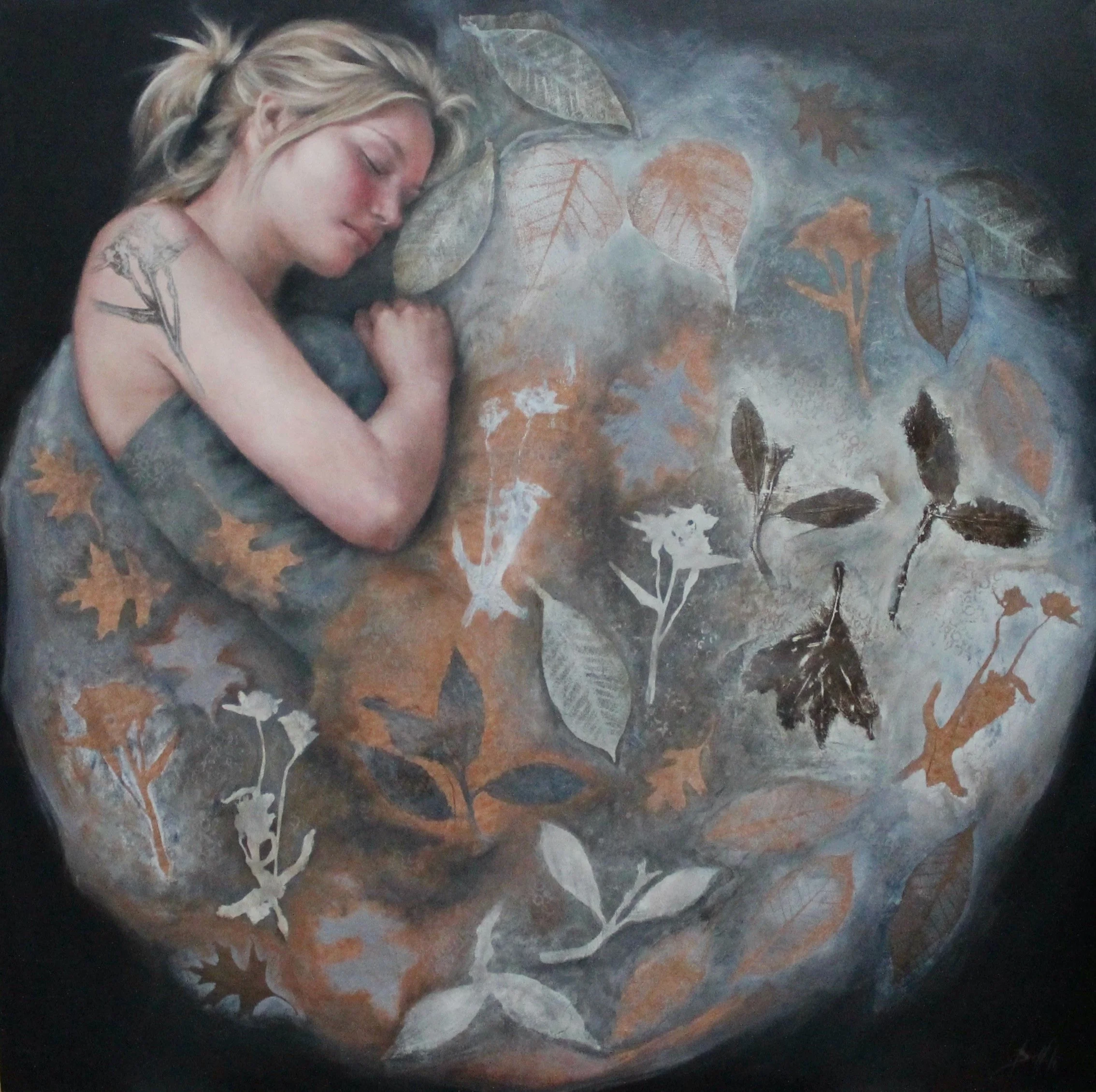 Nidus - acrylic colors and botanical collage on wood - 90x90x2 - 2026 (ON SALE)