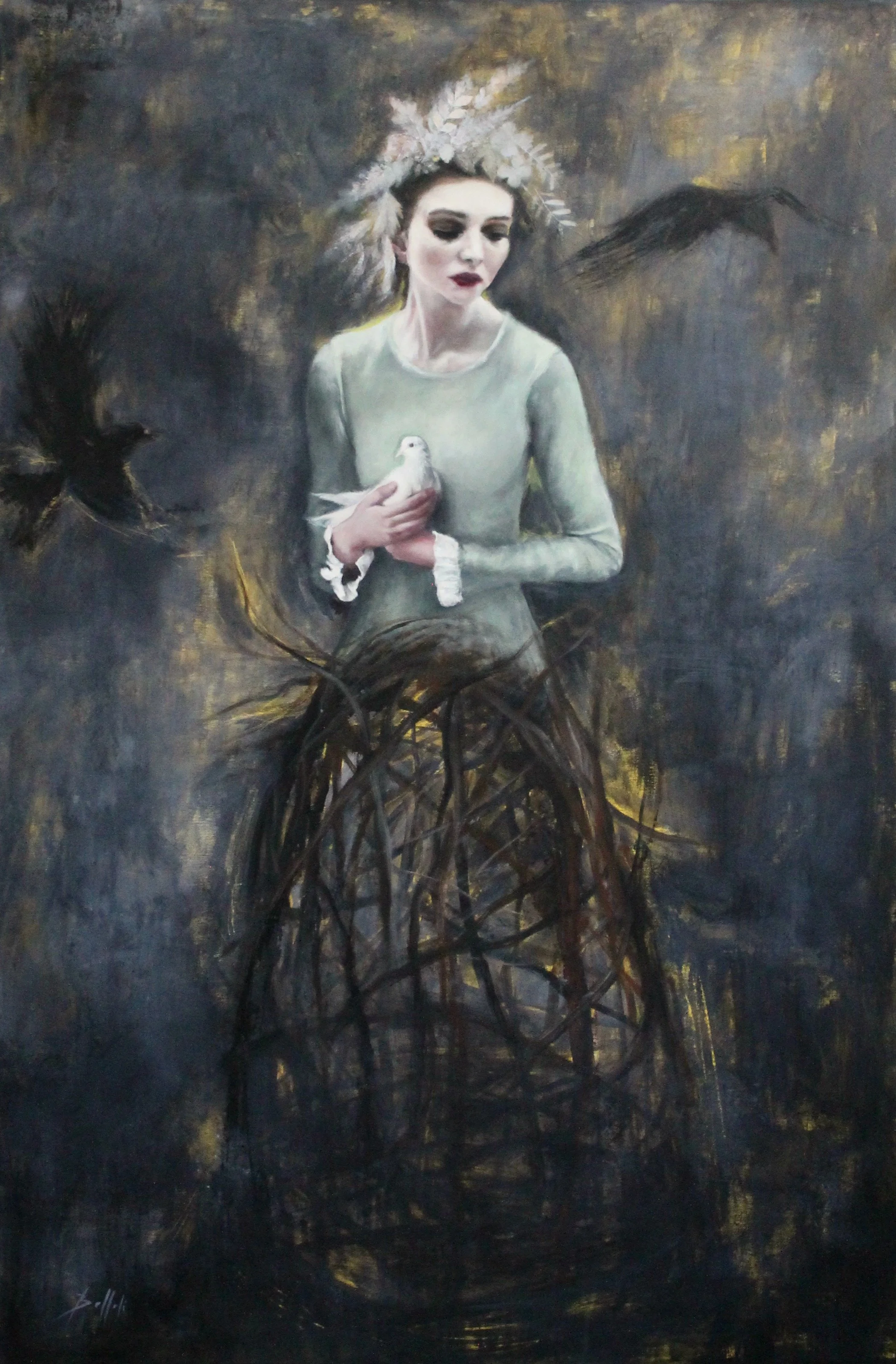 The nest II - acrylic colors and dried pressed leaves on canvas - 80x120 - 2022 (SOLD)