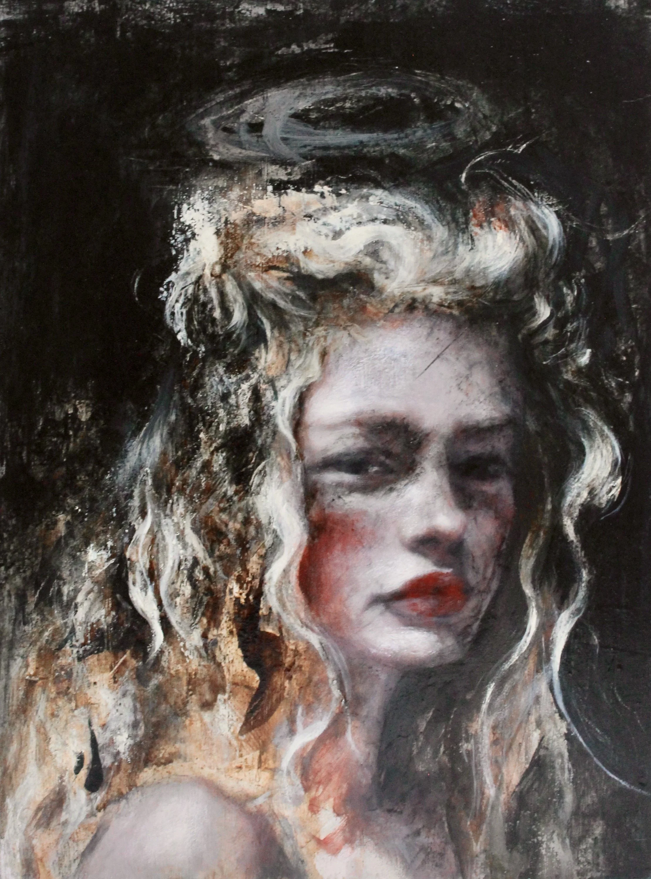 The hidden mystery of angels III - acrylic colors, gesso, soft pastels, charcoal and coffee on wood - 23x30 - 2023 (SOLD)