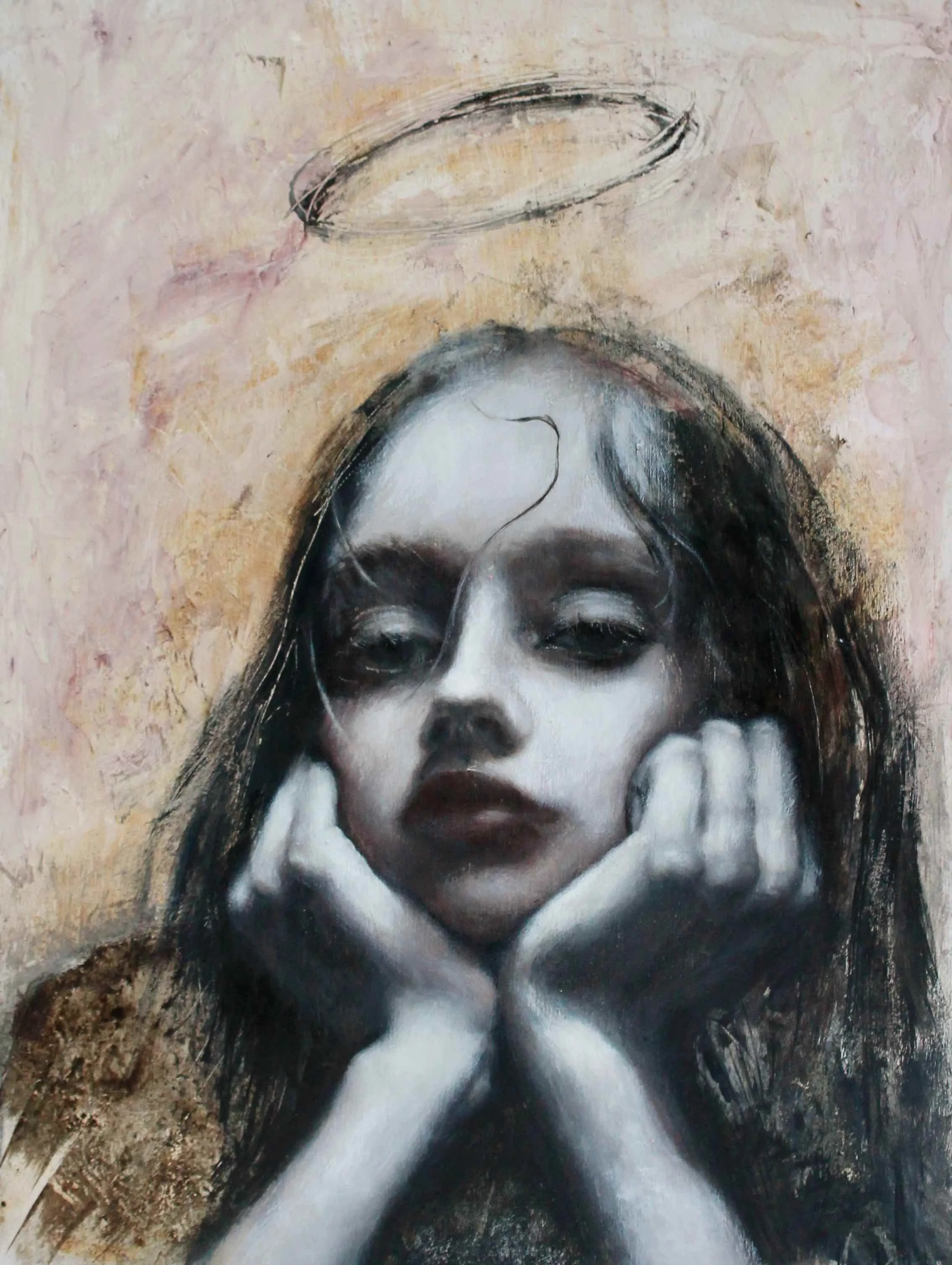 The hidden mystery of angels IV - acrylic colors, gesso, soft pastels, ink and charcoal on wood - 2023 (SOLD)