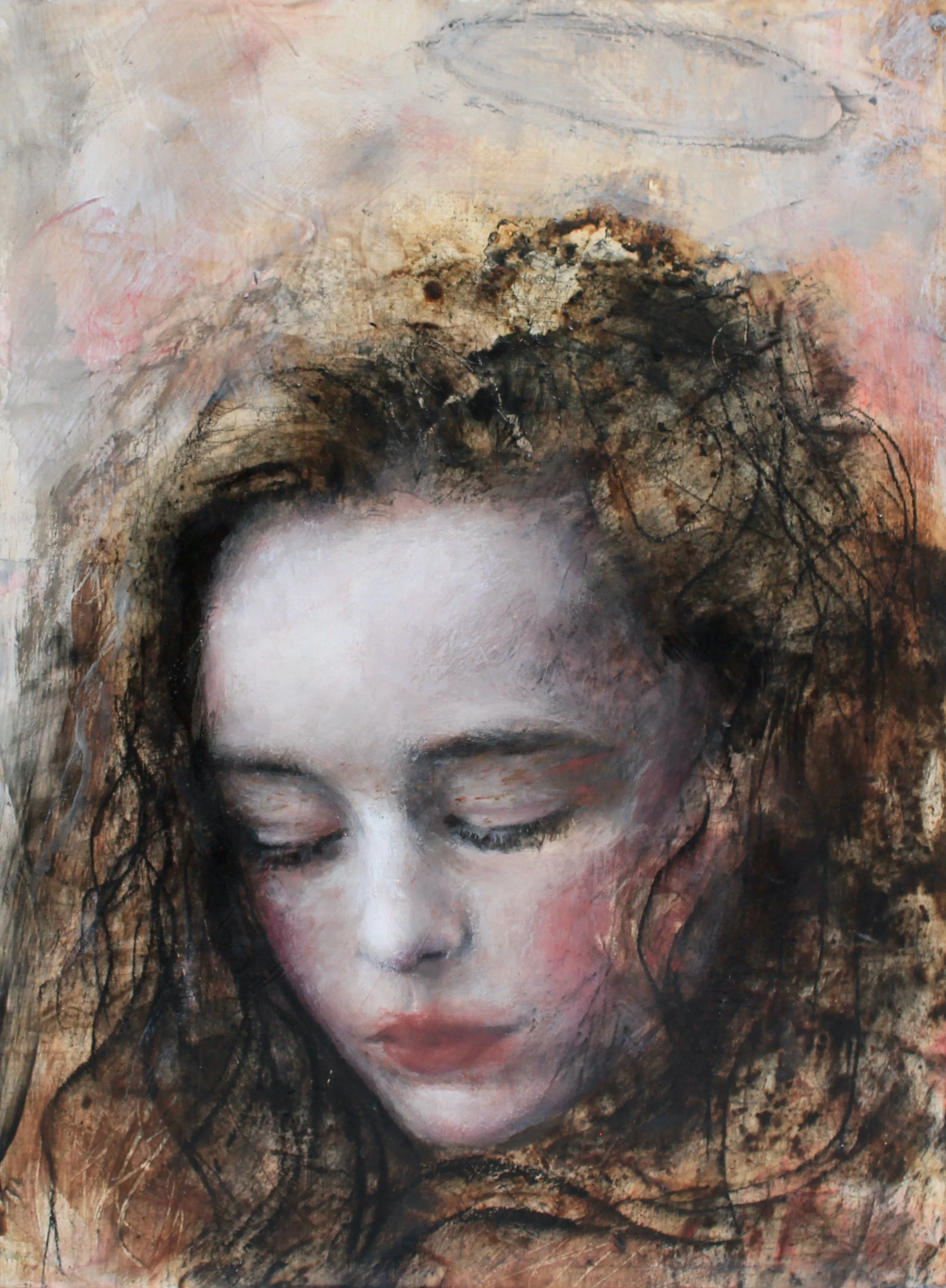 The hidden mystery  of angels - acrylic colors, gesso, soft pastels, charcoal and coffe, on wood - 23x30 - 2023 (SOLD)