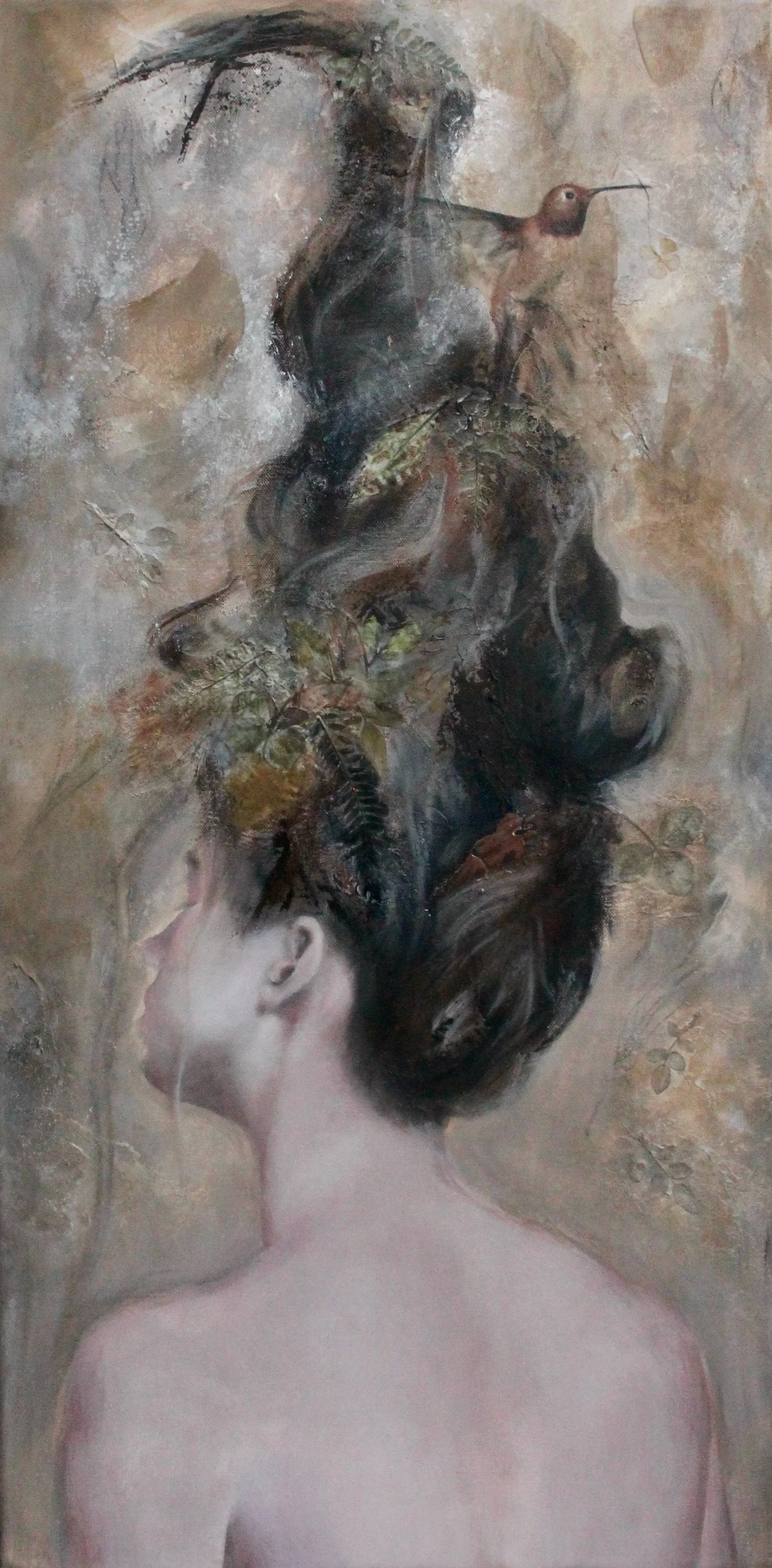 The little lucky charm - acrylic colors, oil pastel and pressed dried leaves on canvas - 40x80 - 2022 (SOLD)