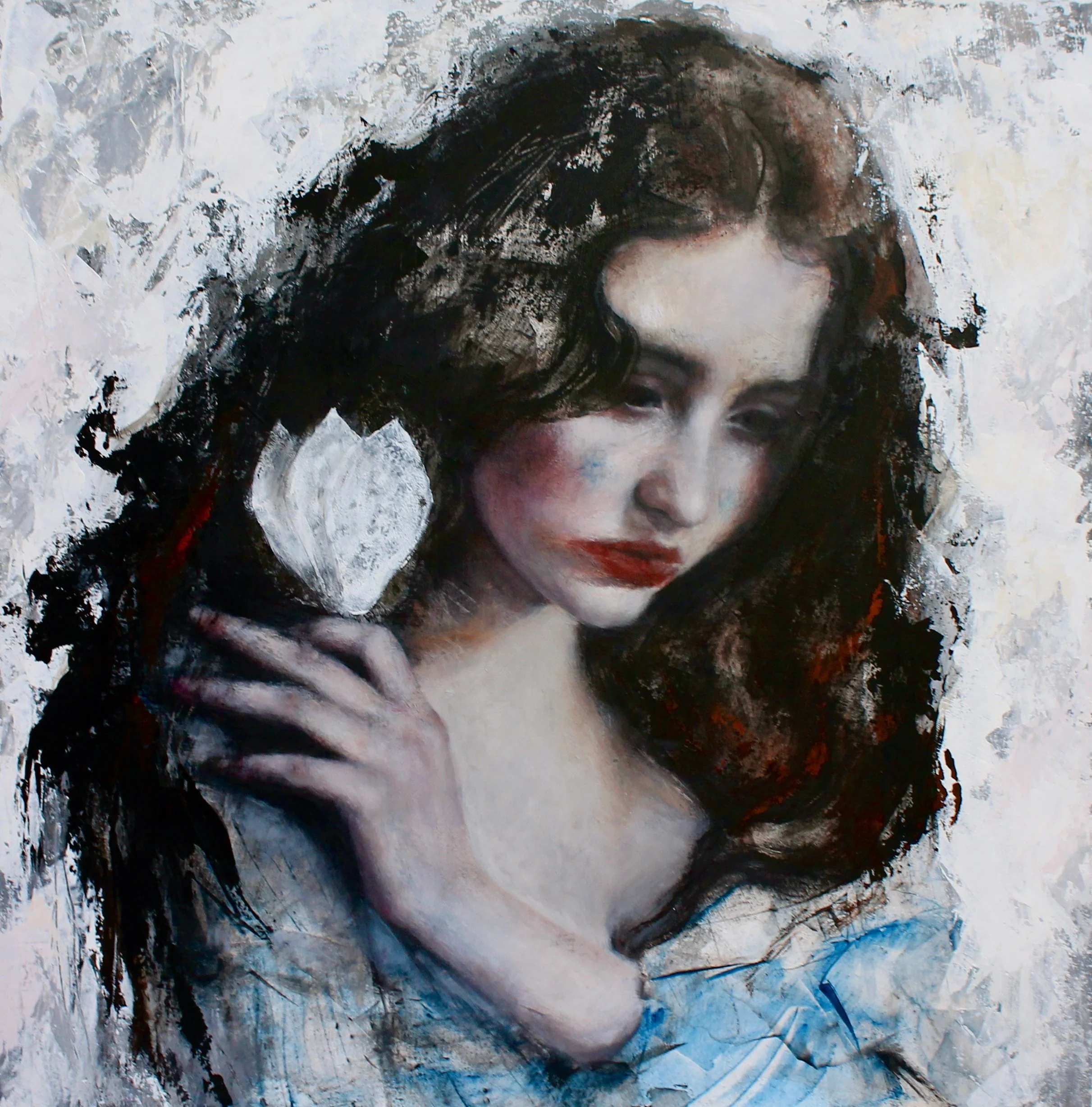 Tulip - acrylic colors, soft pastels and charcoal on wood - 50x50 - 2023 (SOLD)