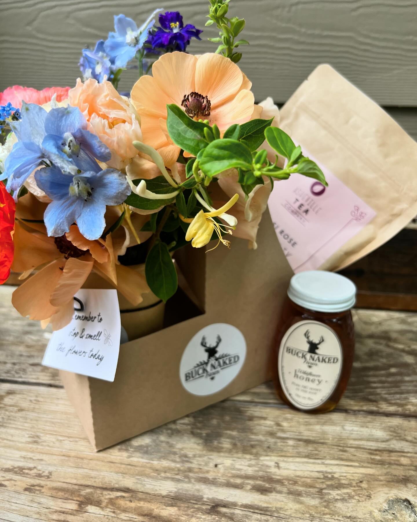 Special Mothers Day offer! Breakfast in bed - to go! A petite flower bouquet, rose scone mix and a jar of our wildflower honey in a cute little carrier. Bring it to Mom as is, or make the scones and add a cup of her favorite coffee drink to the carri