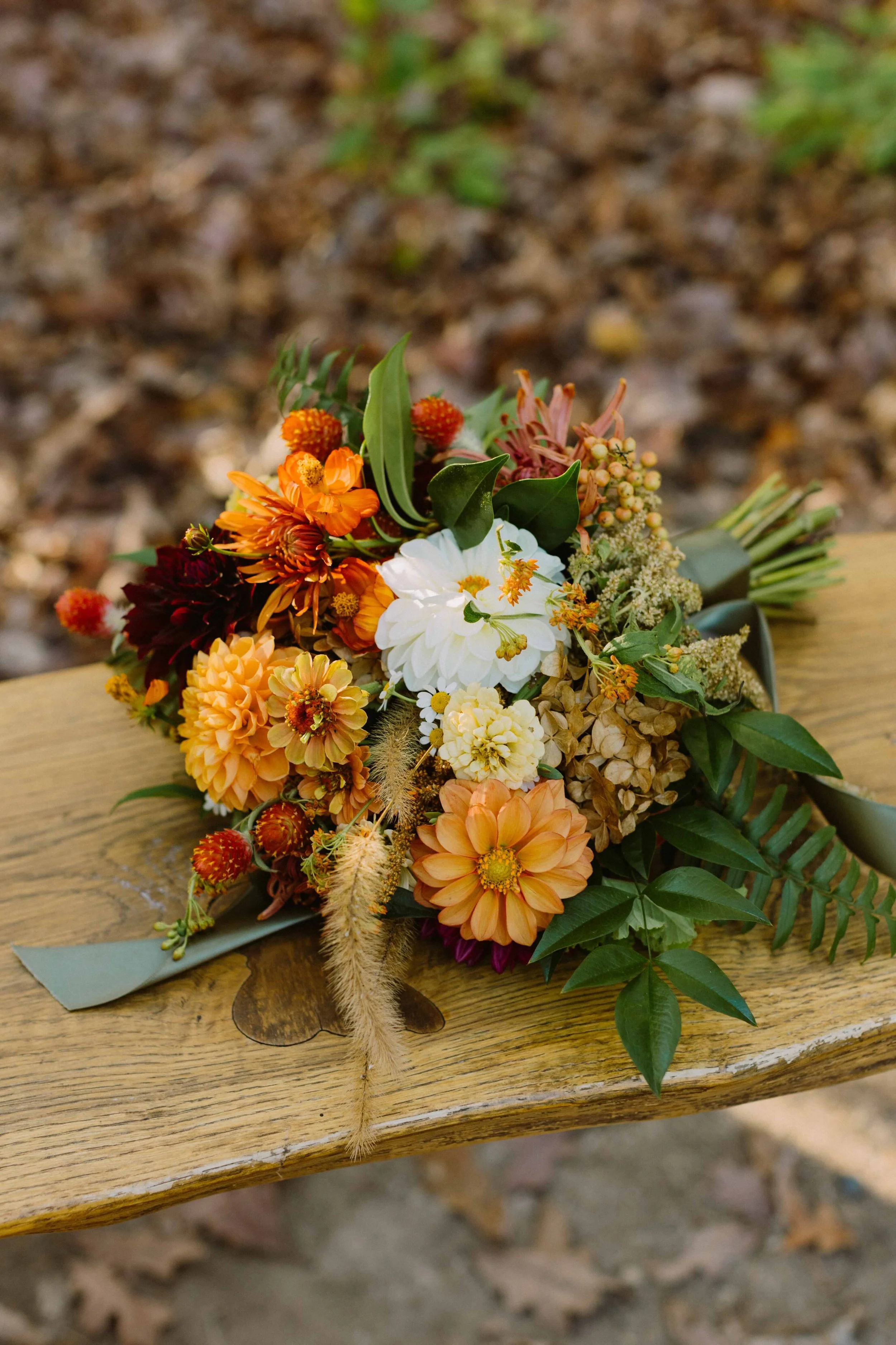 Fall forest wedding bridal bouquet at Union Grove Farm in Chapel Hill, NC